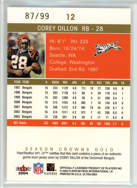 2004 Ultra #12 Corey Dillon Season Crowns Game Used Gold #/99