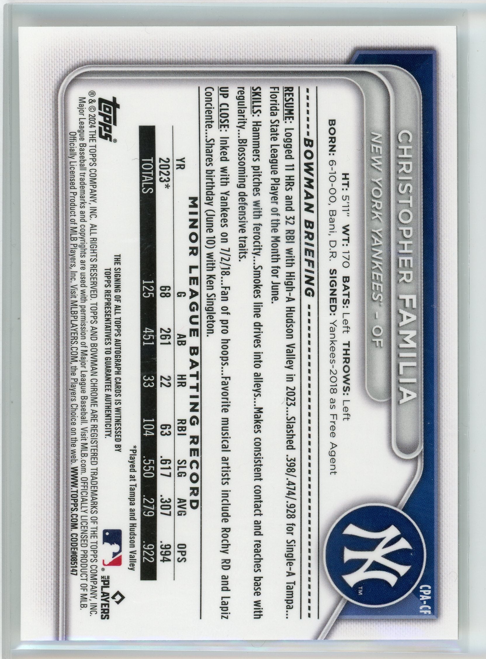 2024 Bowman Chrome #CPA-CF Christopher Familia Speckle Auto /229