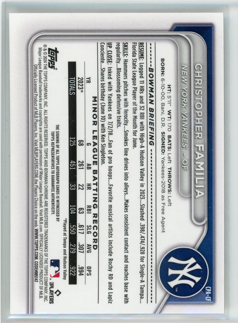 2024 Bowman Chrome #CPA-CF Christopher Familia Speckle Auto /229