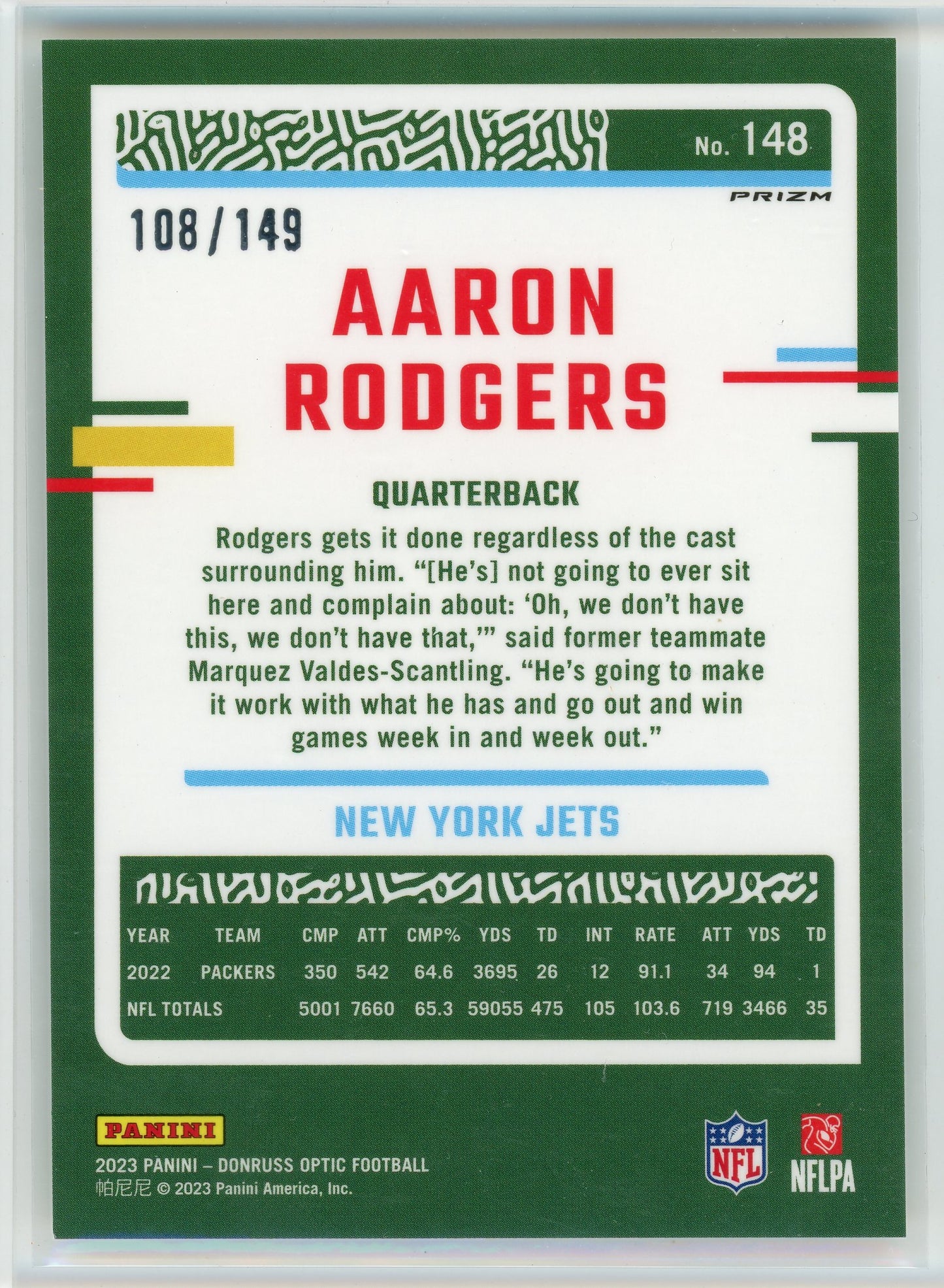 2023 Donruss Optic #148 Aaron Rodgers Flex Prizm /149