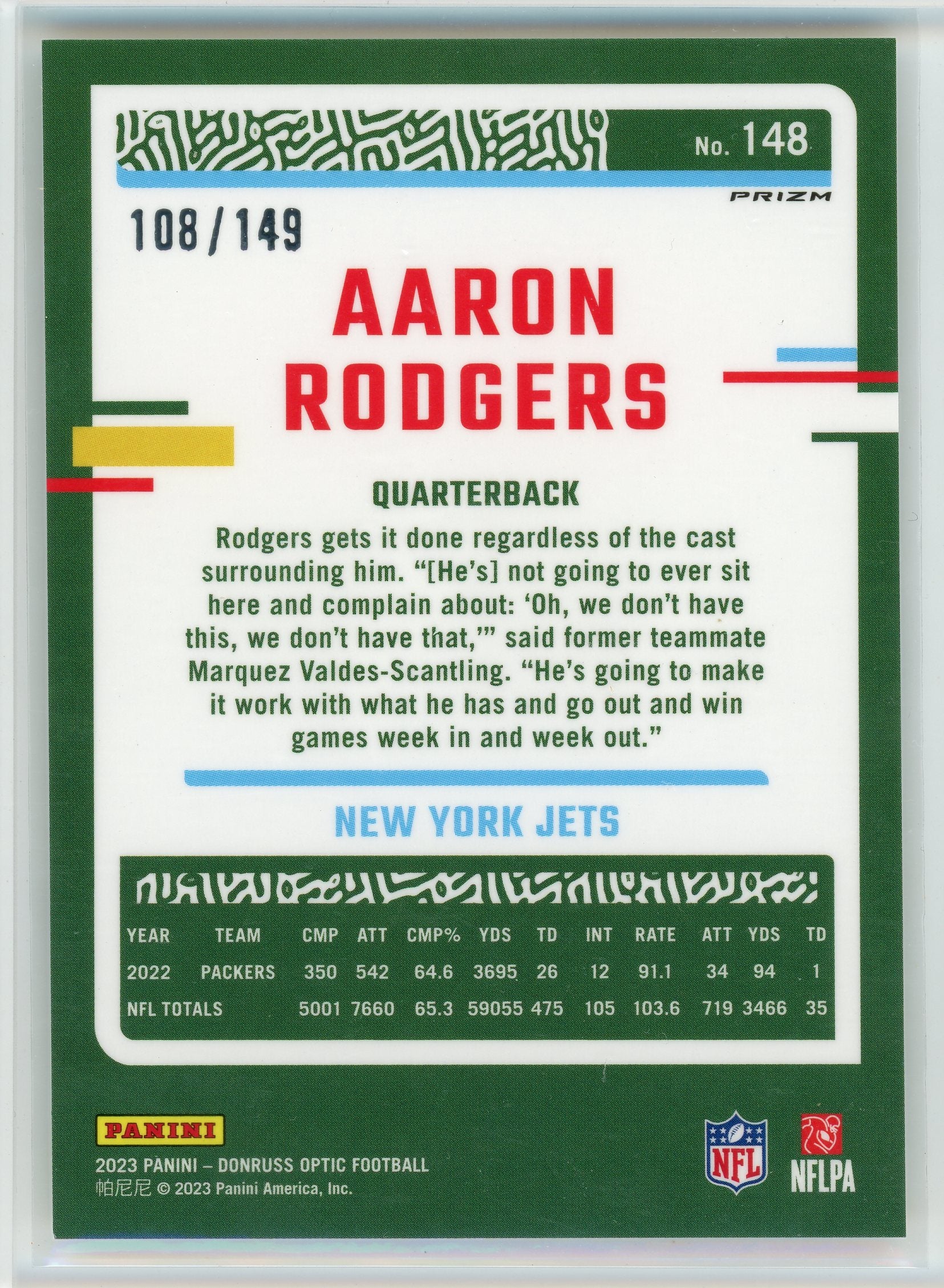 2023 Donruss Optic #148 Aaron Rodgers Flex Prizm /149
