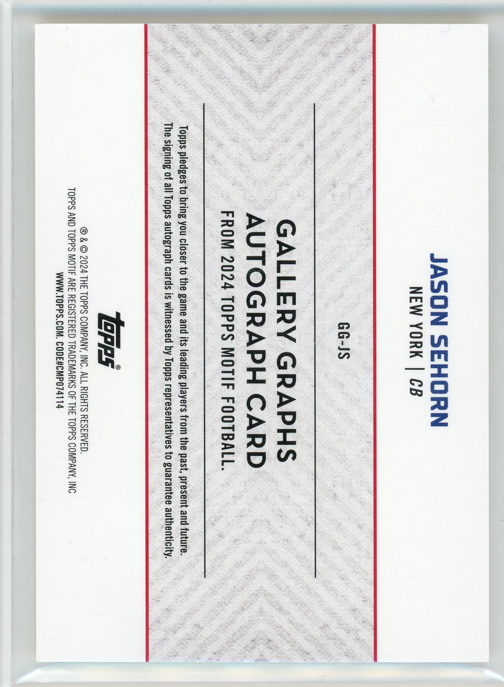 2024 Topps Motif #GG-JS Jason Sehorn Gallery Graphs Auto /25