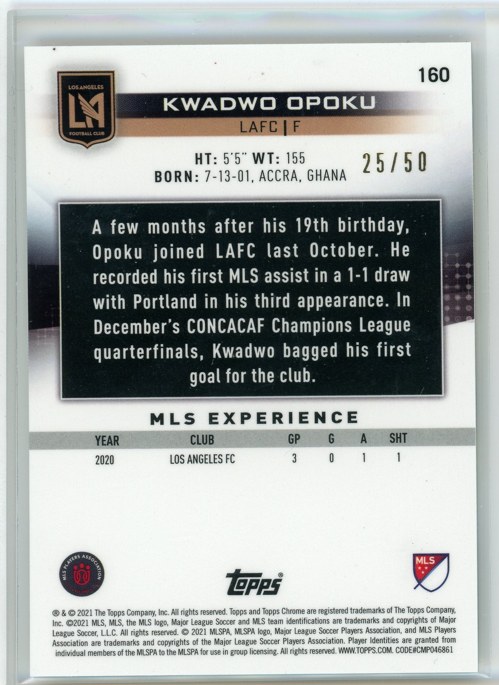 2021 Topps Chrome #160 Kwaswo Opoku Gold Parallel /50