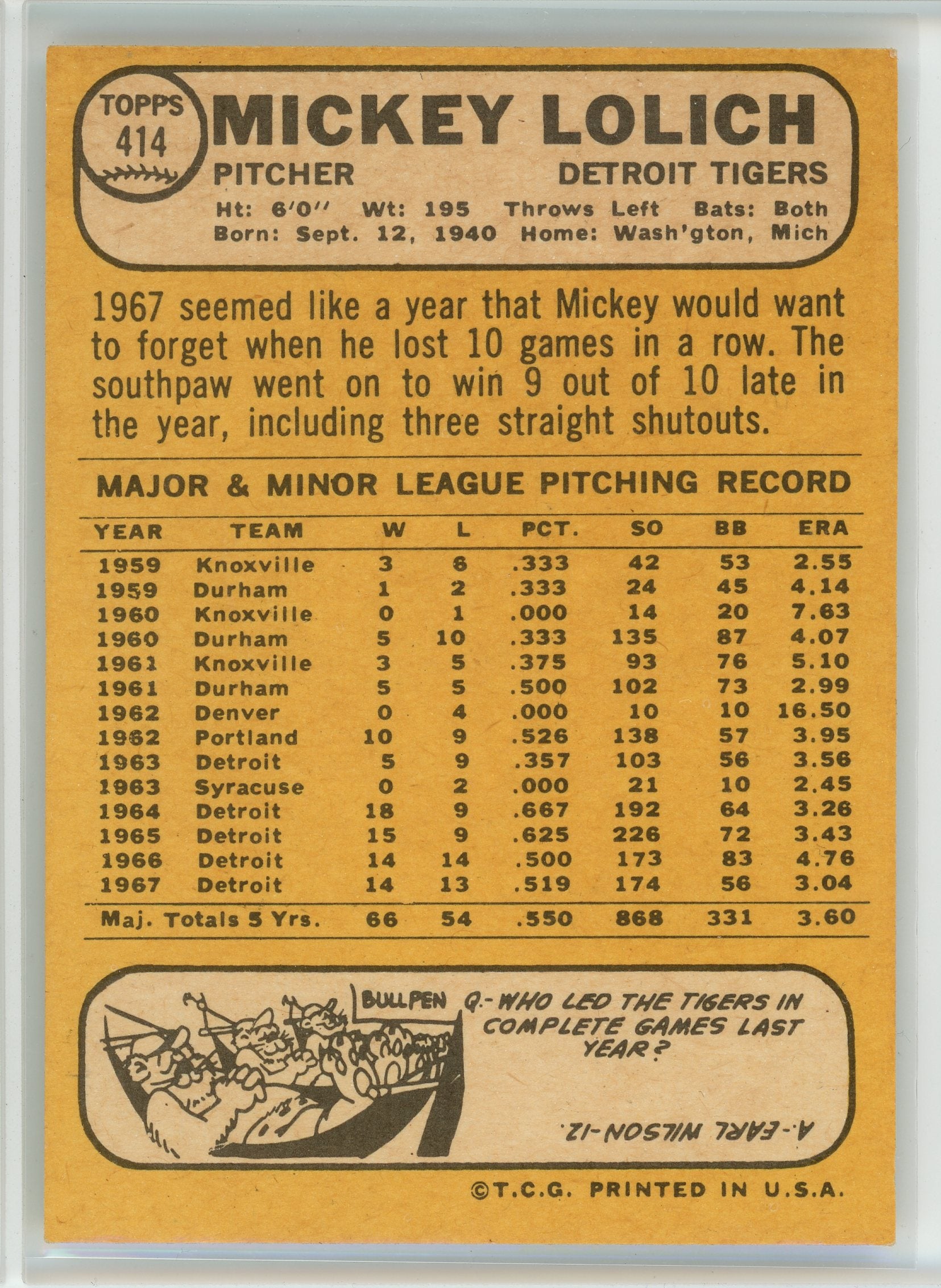 1968 Topps #414 Mickey Lolich