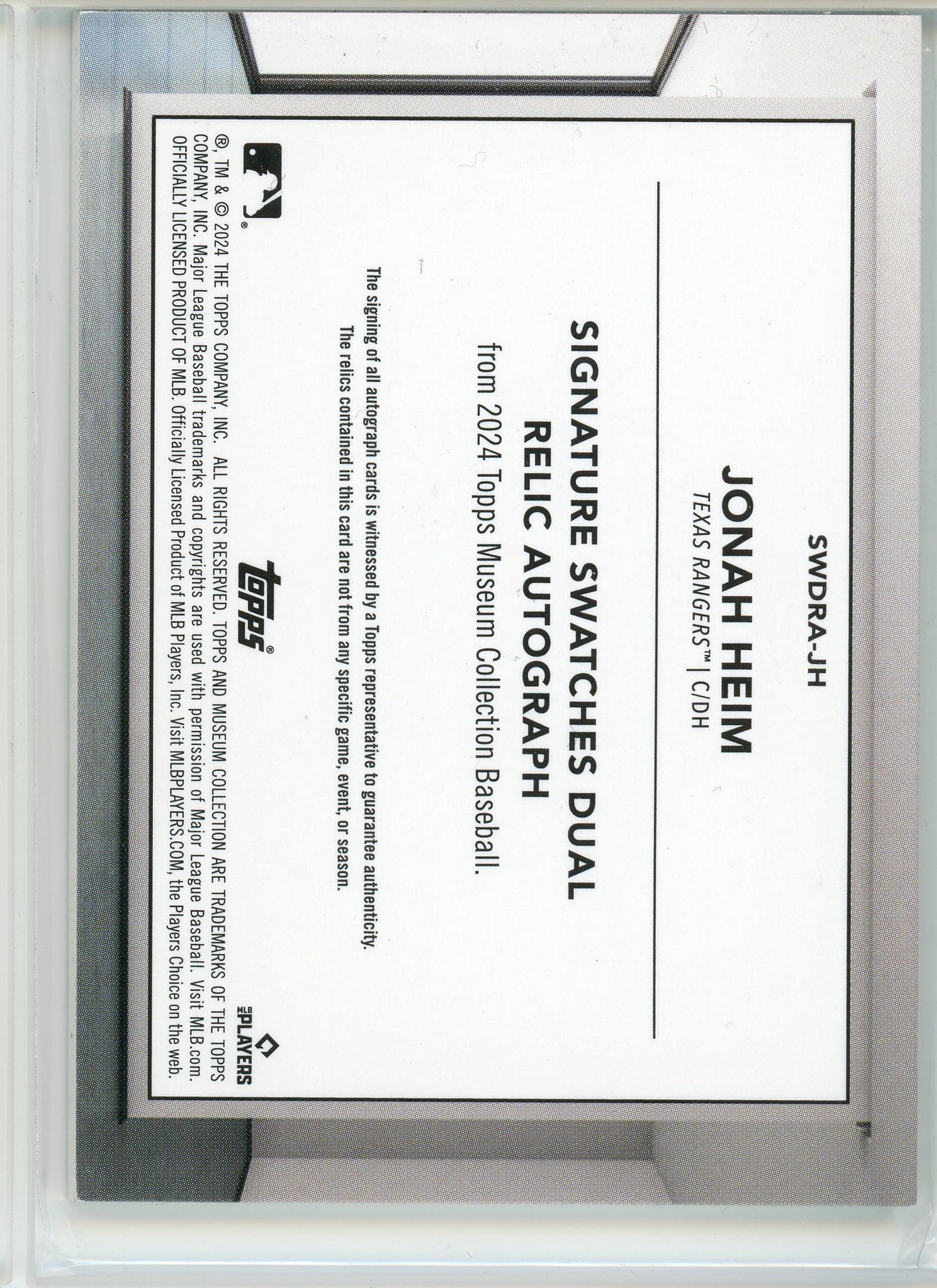 2024 Topps Museum #SWDRA-JH Jonah Heim Signature Swatches Relic Auto /99Q
