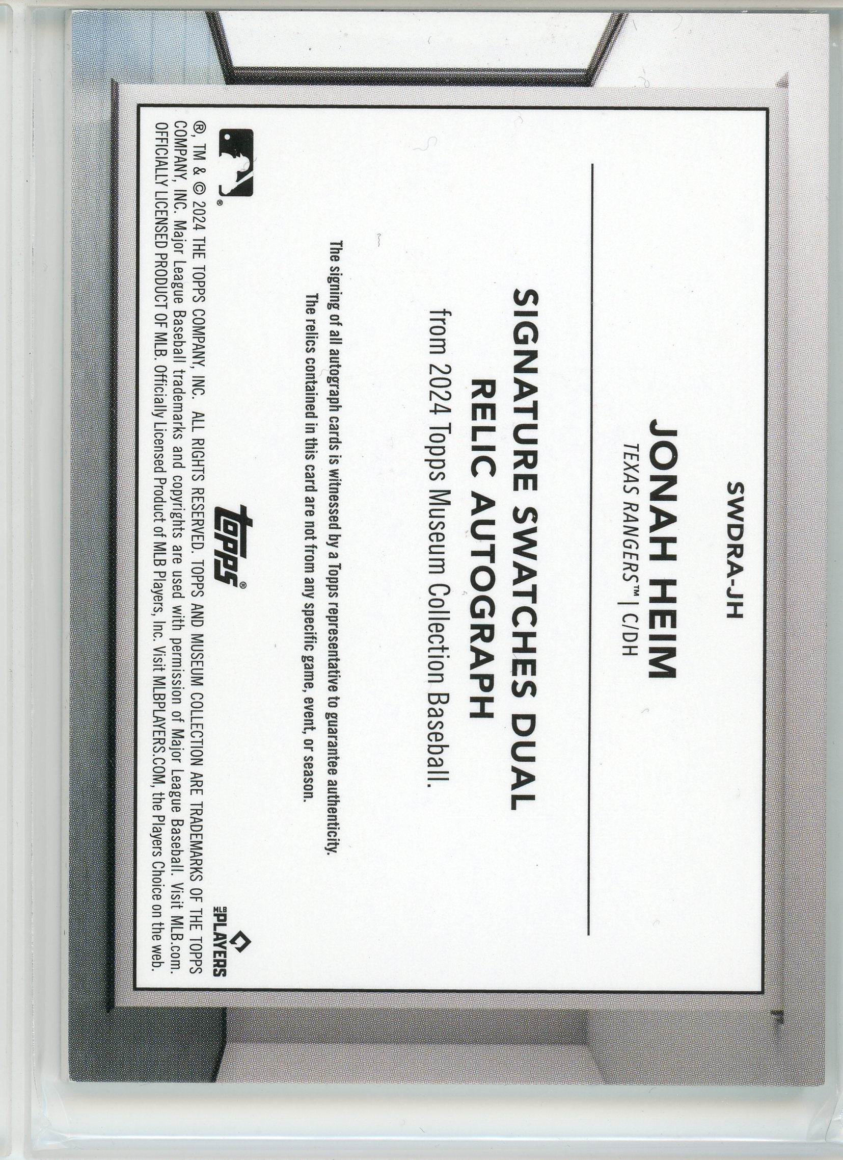 2024 Topps Museum #SWDRA-JH Jonah Heim Signature Swatches Relic Auto /99Q