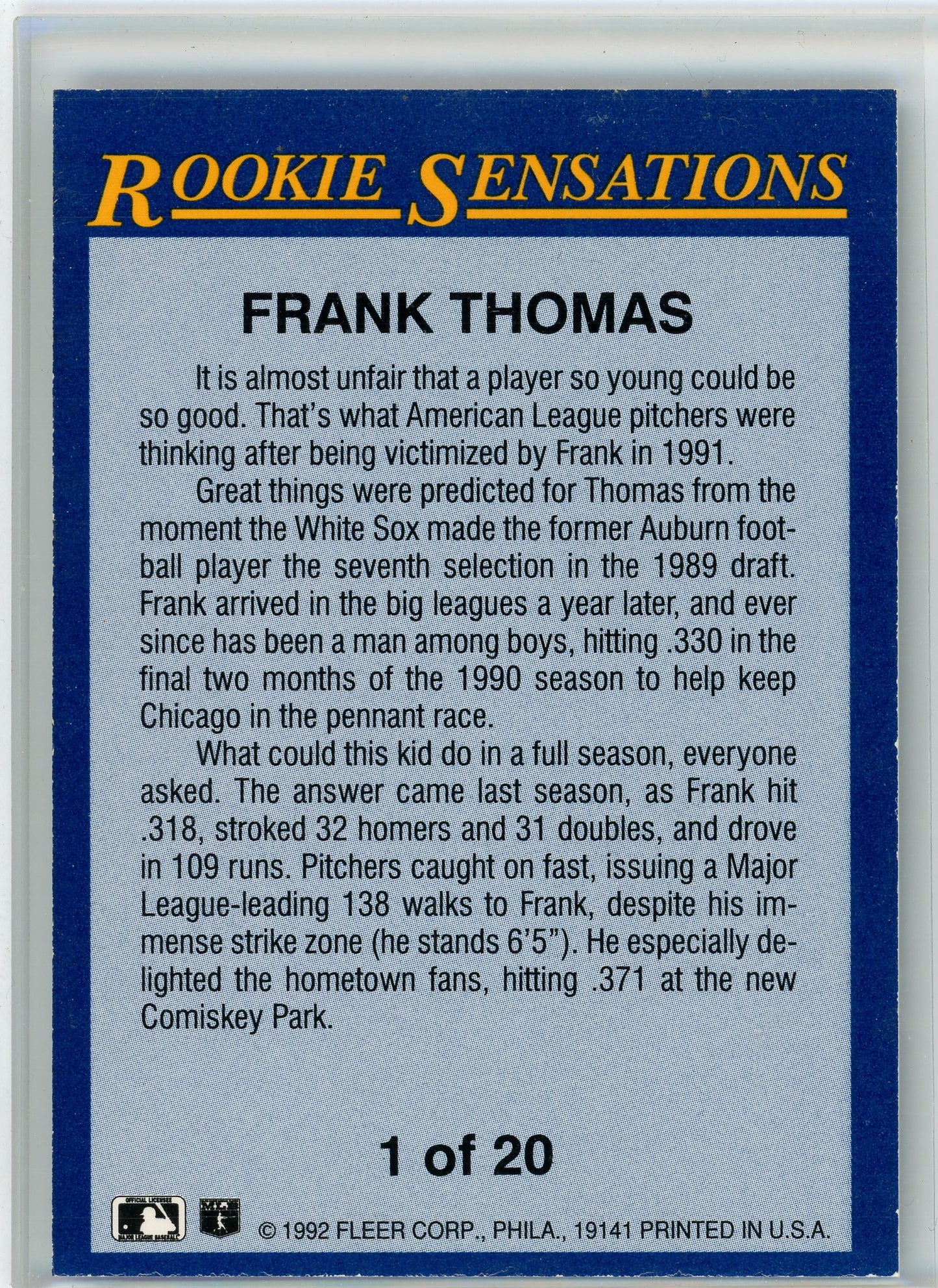 1992 Fleer #1 Frank Thomas Rookie Sensations