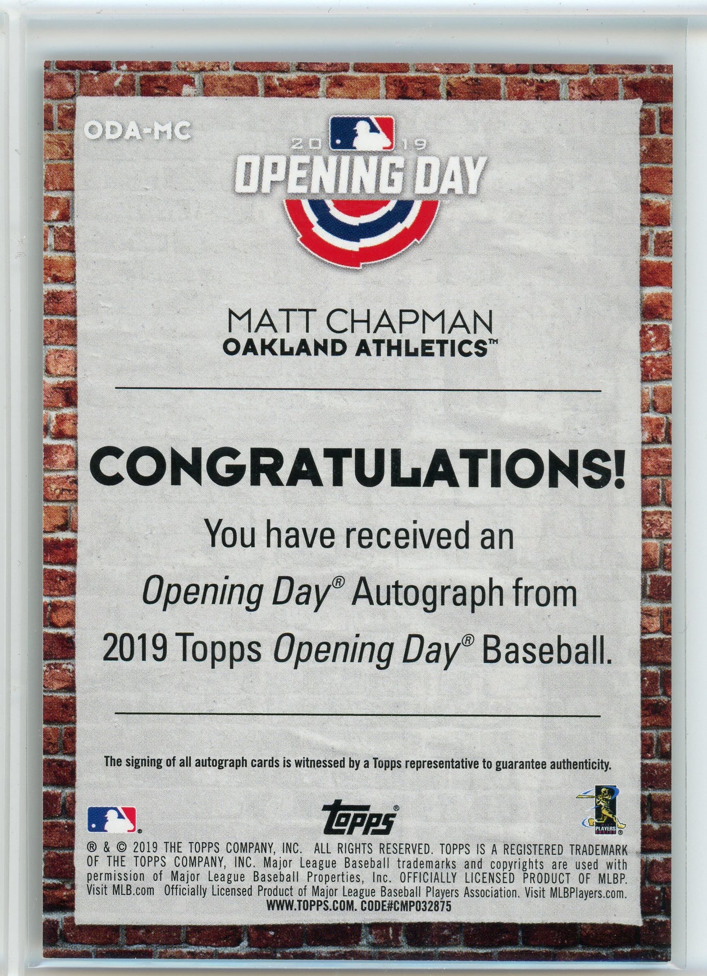 2019 Topps Opening Day #ODA-MC Matt Chapman Opening Day Autographs