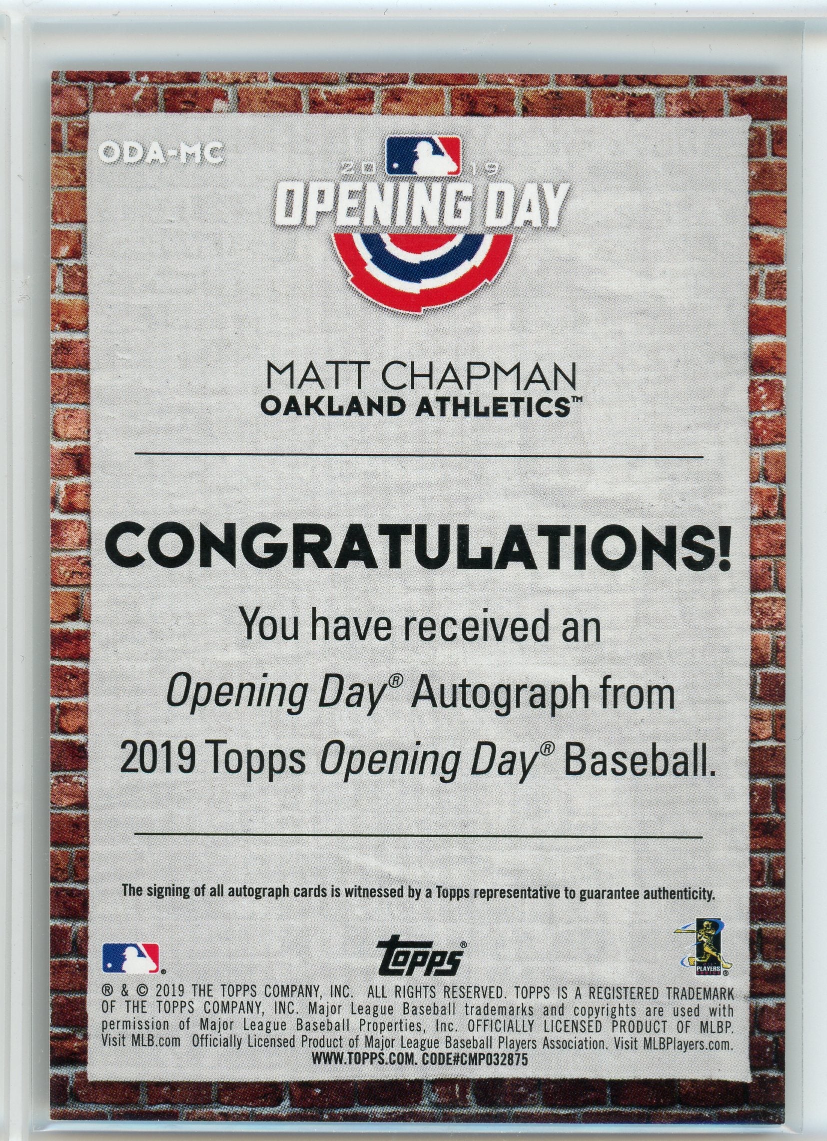 2019 Topps Opening Day #ODA-MC Matt Chapman Opening Day Autographs