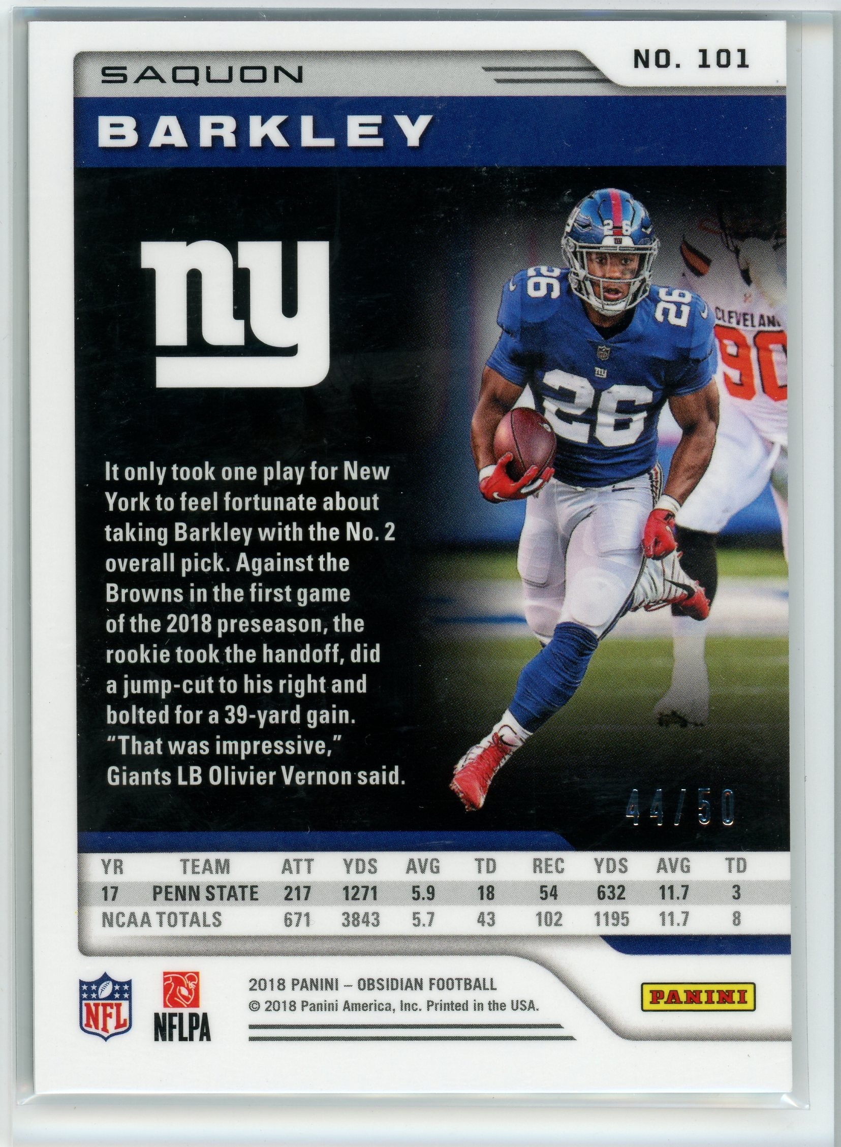 2018 Panini Obsidian #101 Saquon Barkley Electric Etch /50