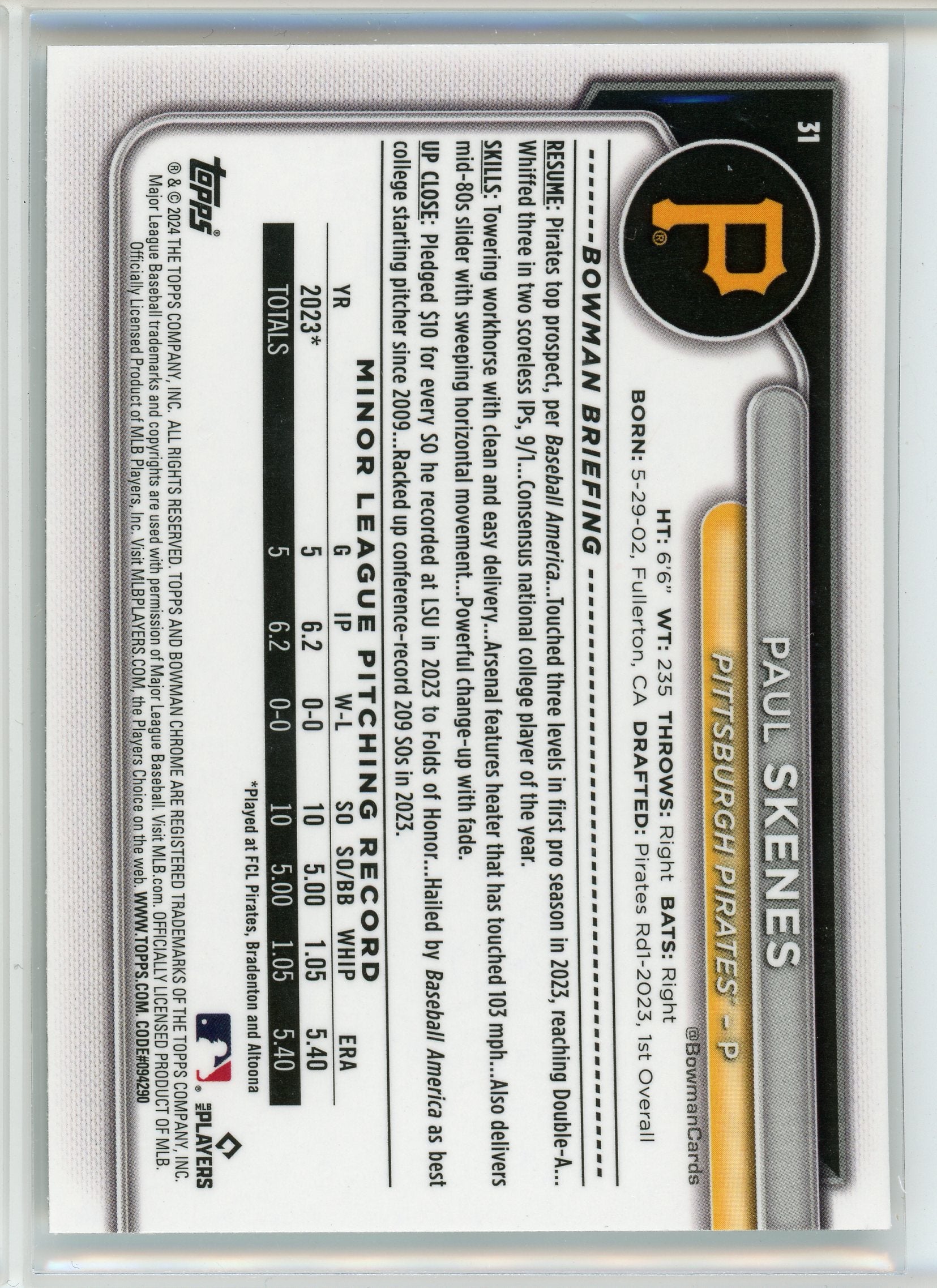 2024 Bowman Chrome #31 Paull Skenes Mojo Refractors