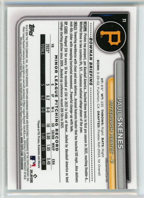2024 Bowman Chrome #31 Paull Skenes Mojo Refractors