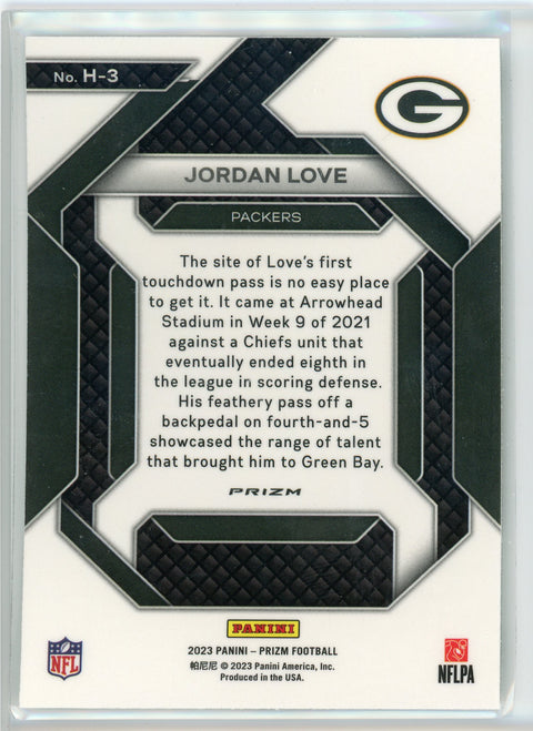2023 Panini Prizm #H-3 Jordan Love Emergent No Huddle Prizm