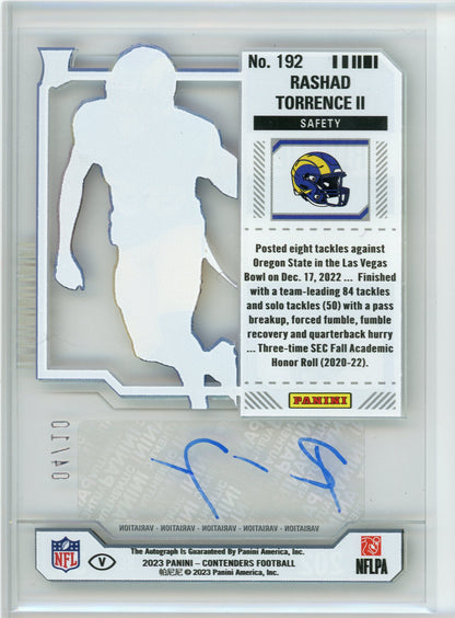 2023 Panini Contenders #192 Rashad Torrence ii Rookie Ticket Clear Gold Auto /10