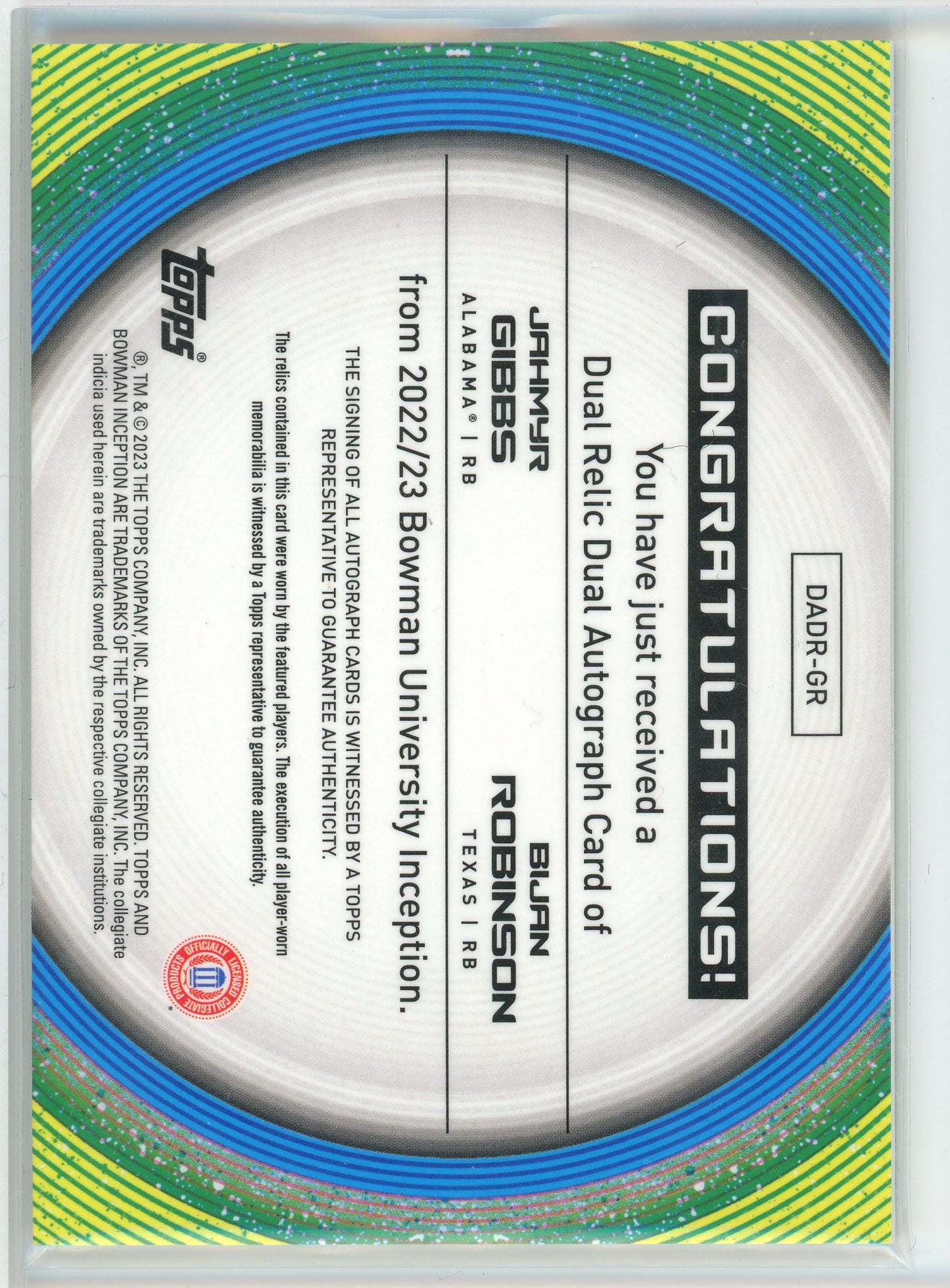 2023 Bowman Inception #DADR-GR Jahmyr Gibbs/Bijan Robinson Dual Relic Auto /99
