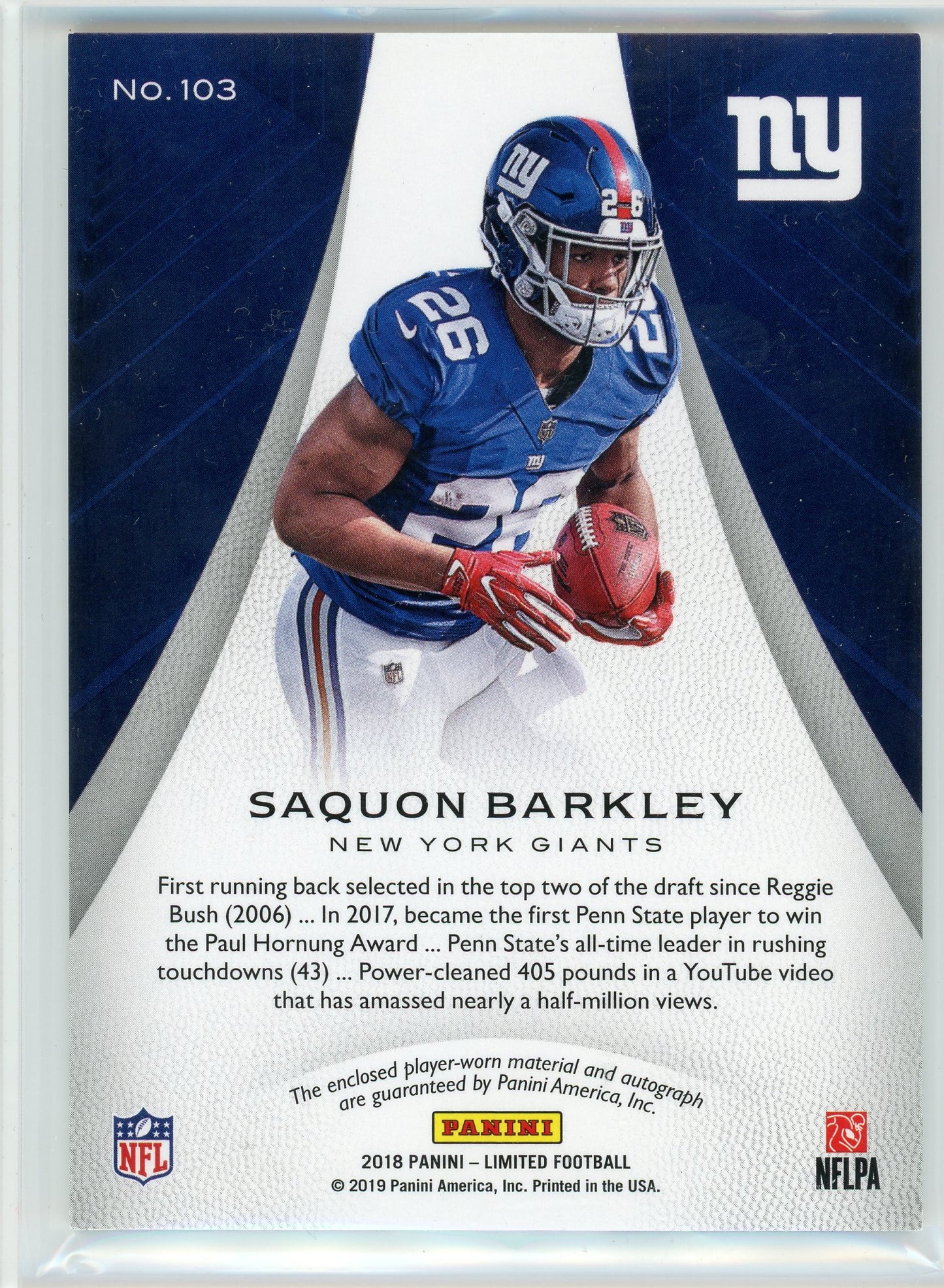 2018 Panini Limited #103 Saquon Barkley Rookie Patch Auto /50
