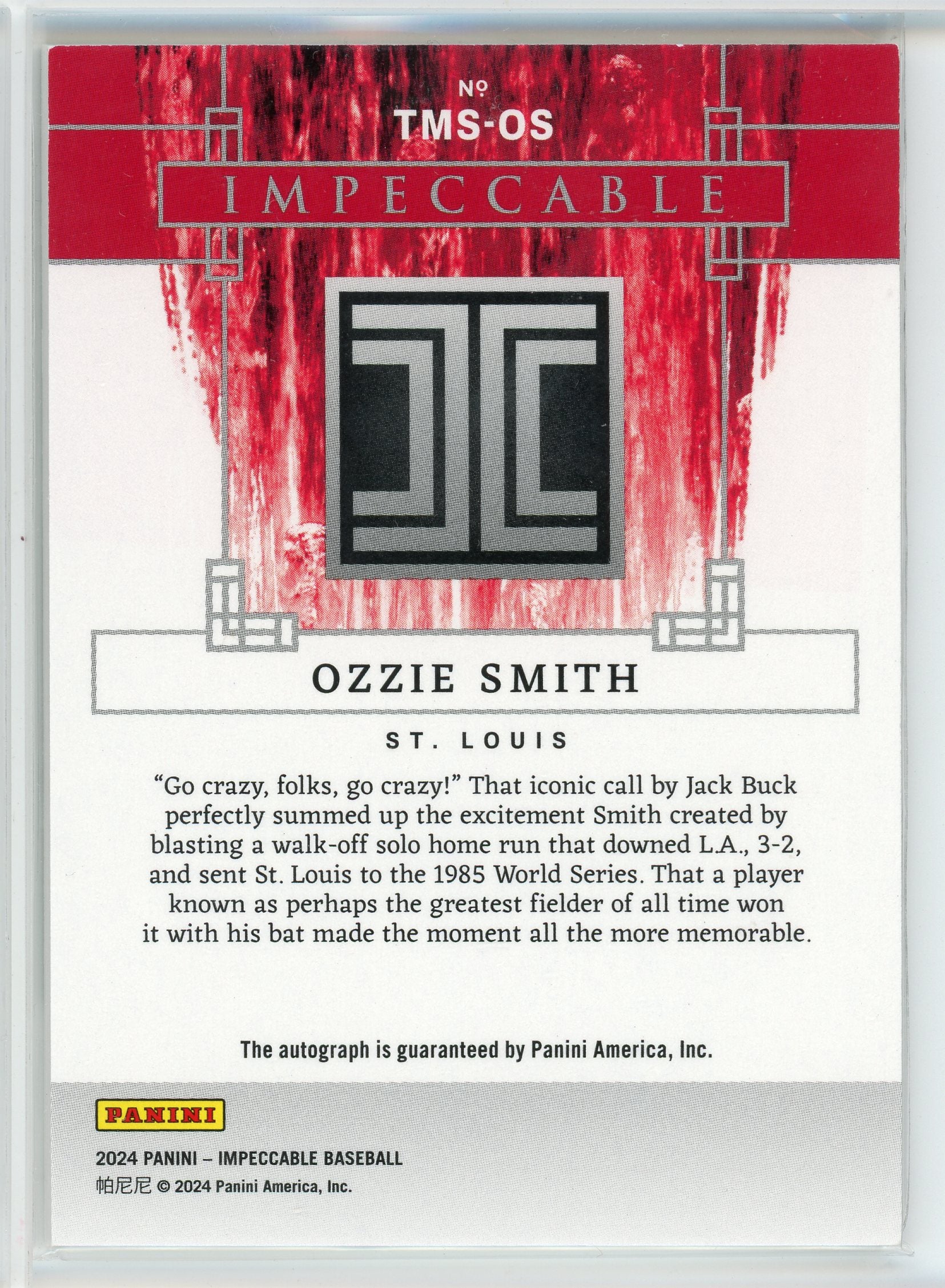 2024 Panini Impeccable #TMS-OS Ozzie Smith Timeless Moments Auto /10