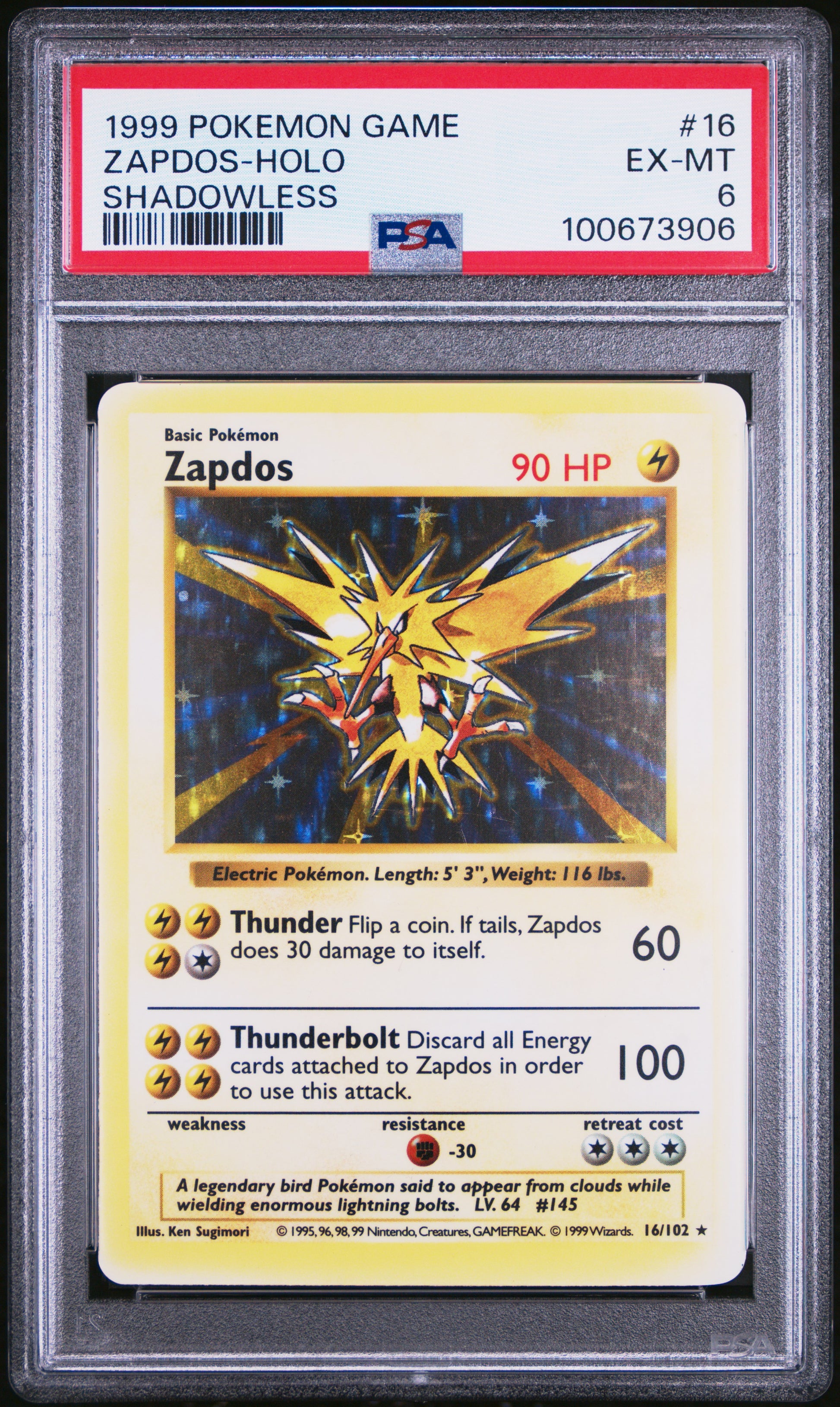 1999 Pokemon Game #16 Zapdos-Holo Shadowless PSA 6