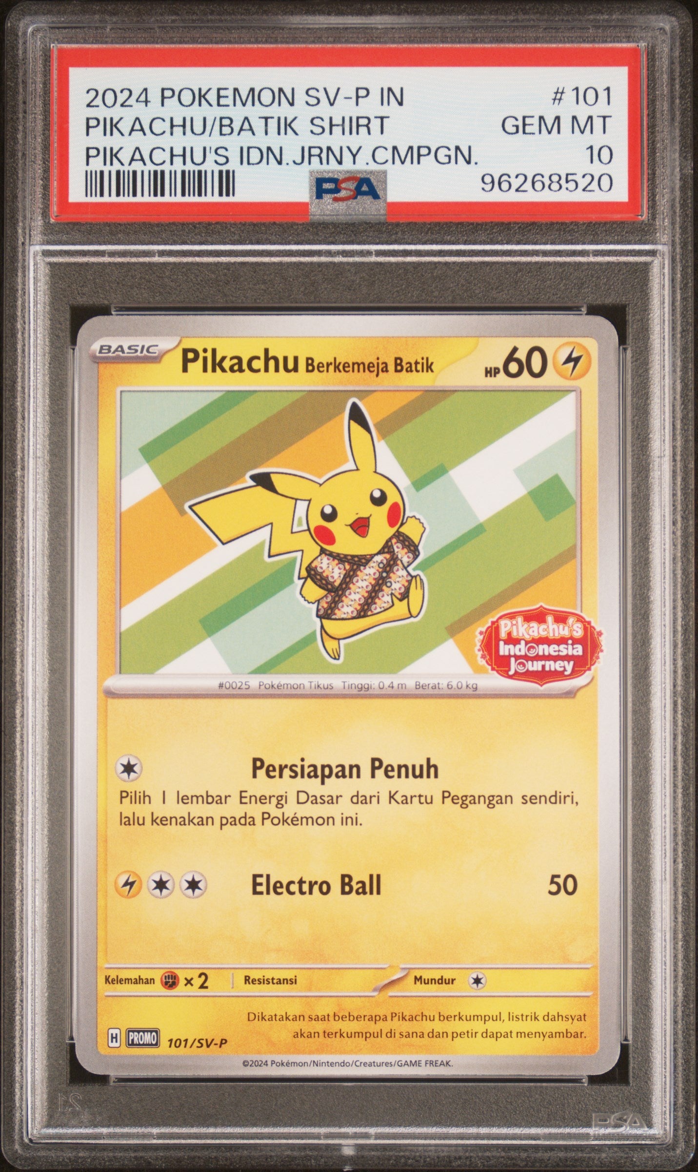 2024 Pokemon IndonesianPromo #101 Pikachu/Batik Shirt idn.Jrny.Cmpgn. PSA 10