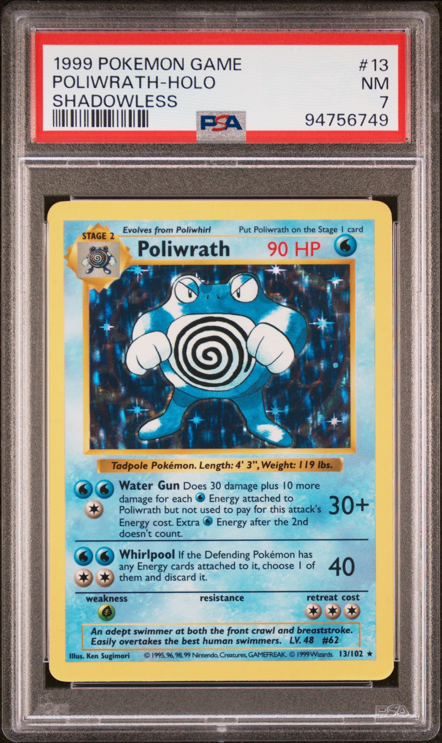 1999 Pokemon Game #13 Poliwrath-Holo Shadowless PSA 7