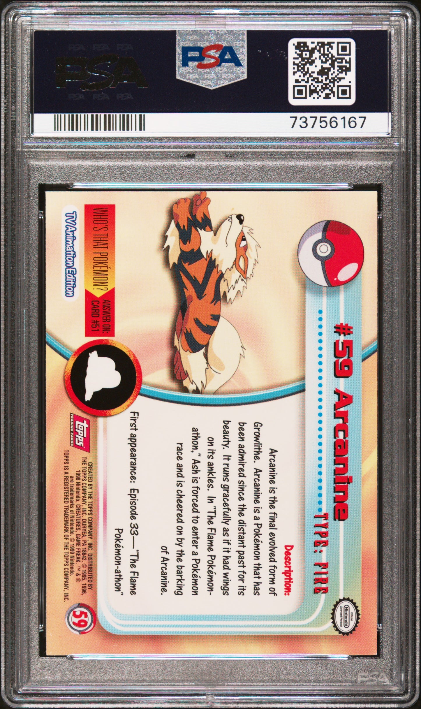1999 Topps Pokemon Tv #59 Arcanine PSA 9