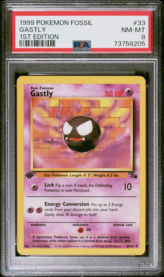1999 Pokemon Fossil #33 Gastly 1st Edition PSA 8