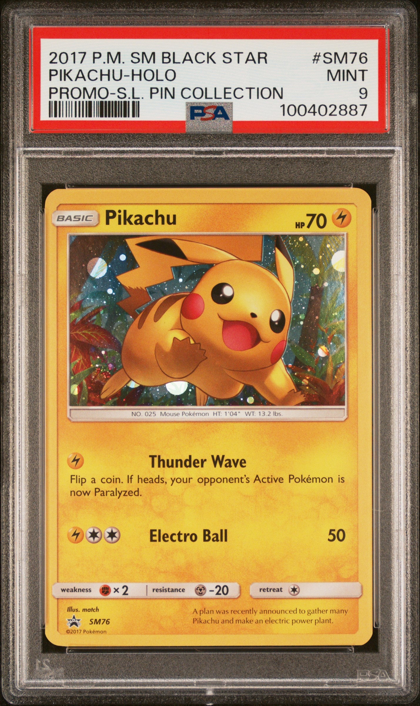 2017 Pokemon Sm Black Star Promo #SM76 Pikachu-Holo S.L. Pin Collection PSA 9