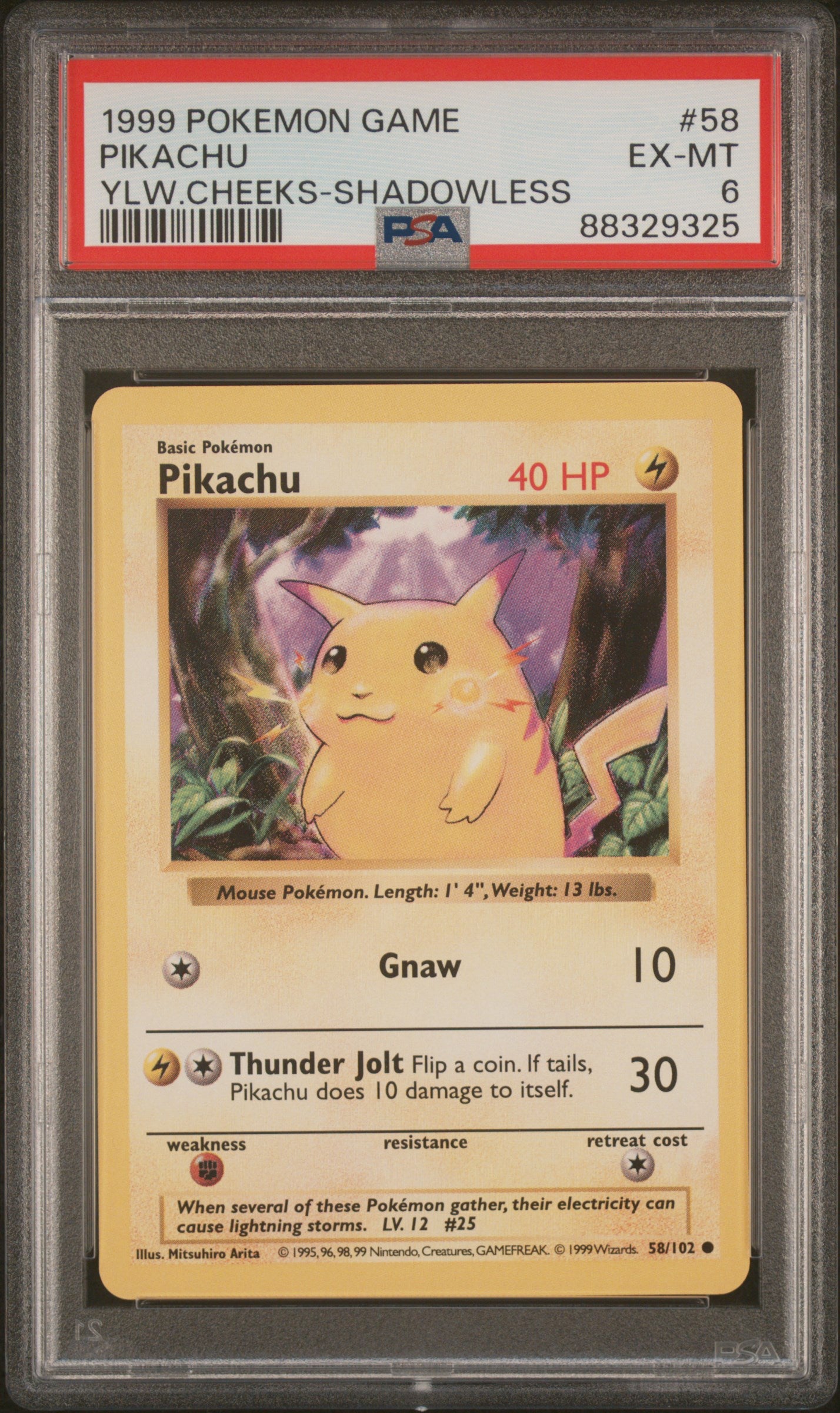 1999 Pokemon Game #58 Pikachu Ylw.Cheeks-Shadowless PSA 6
