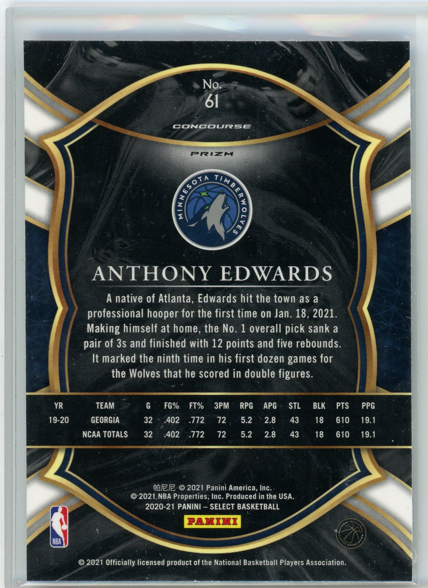2020-21 Panini Select #61 Anthony Edwards Blue White Purple Cracked Ice