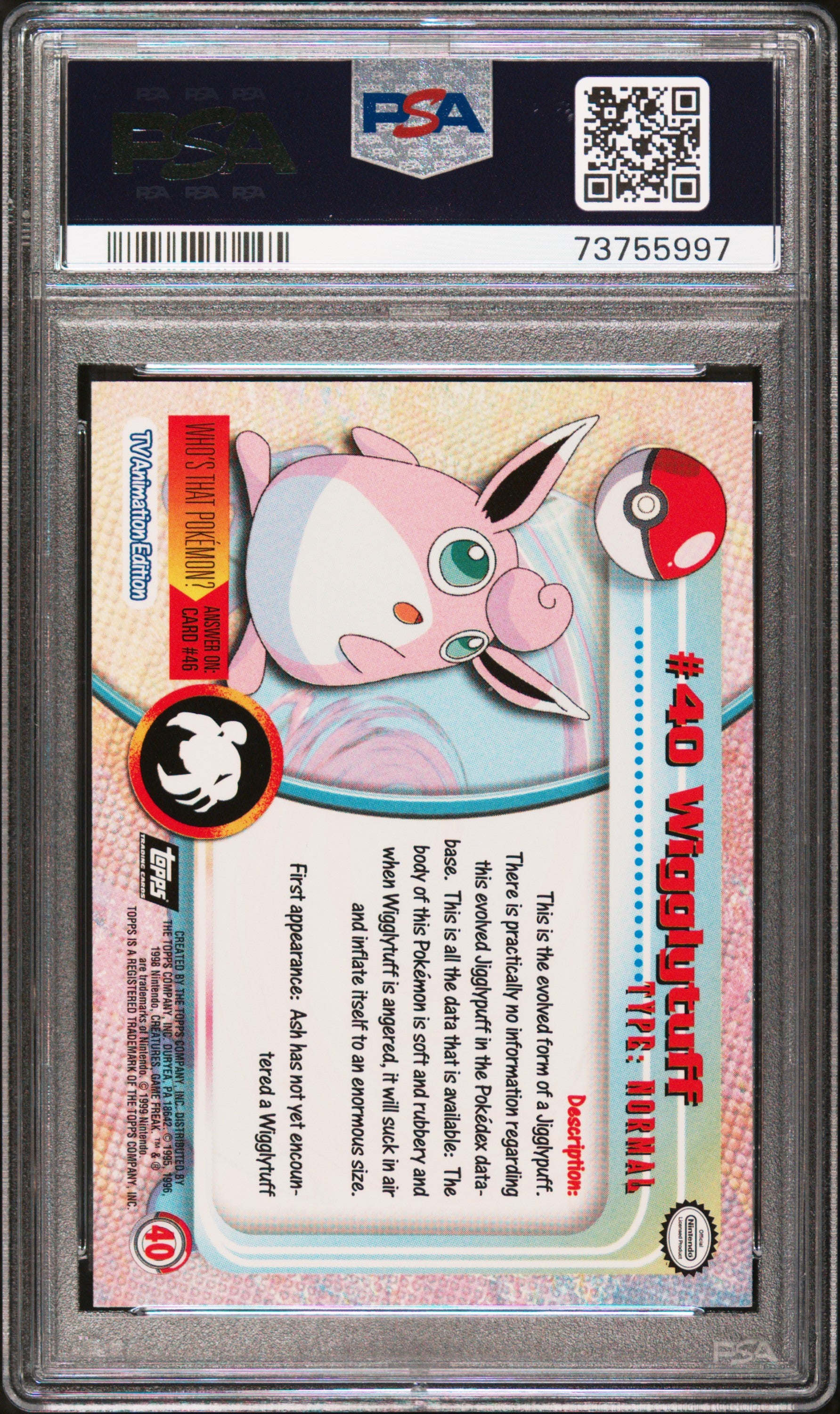 1999 Topps Pokemon Tv #40 Wigglytuff PSA 8