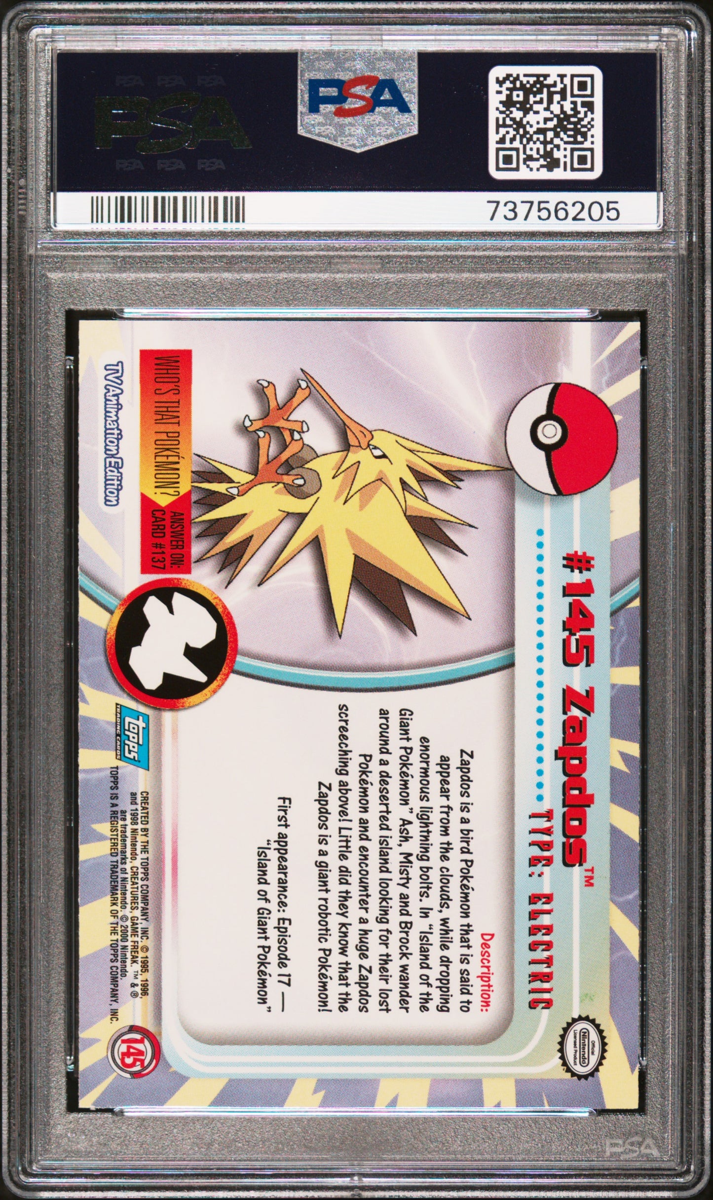 2000 Topps Pokemon Tv Animation Series 3 #145 Zapdos Animation Series 3 PSA 9