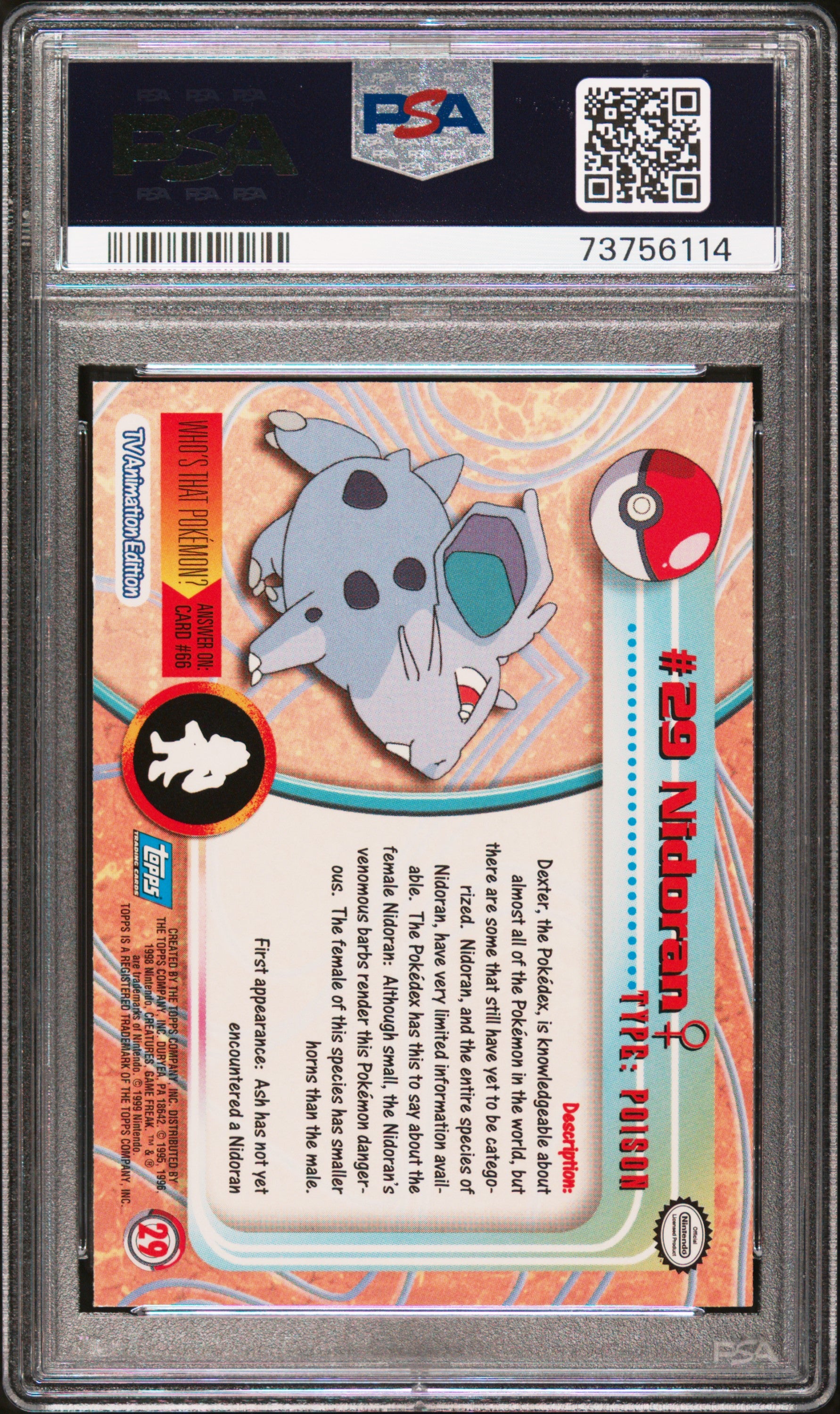 1999 Topps Pokemon Tv #29 Nidoran PSA 9