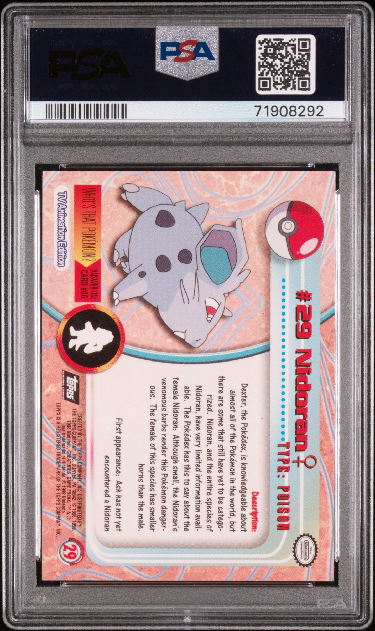 1999 Topps Pokemon Tv #29 Nidoran Foil PSA 8