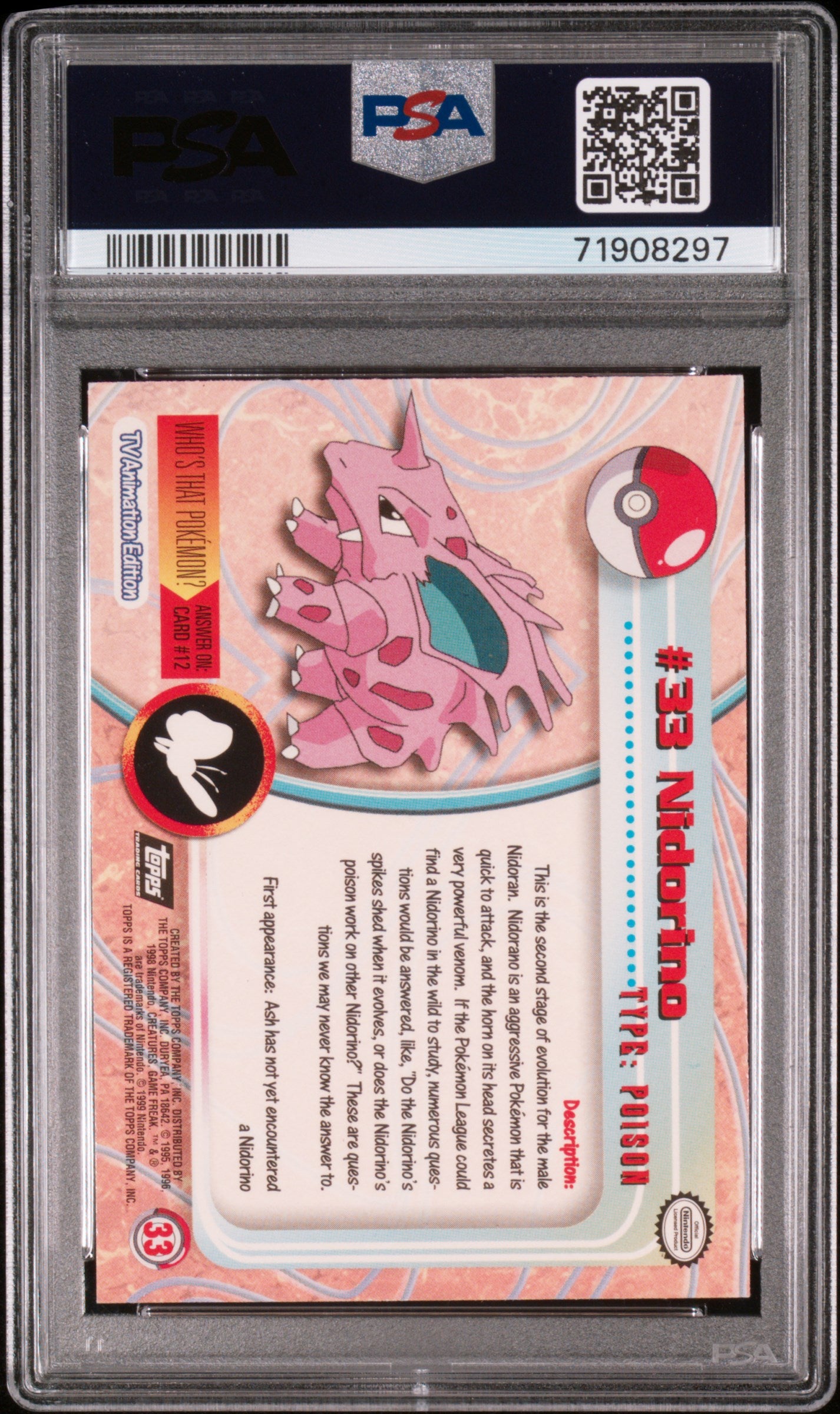 1999 Topps Pokemon Tv #33 Nidorino Foil PSA 8