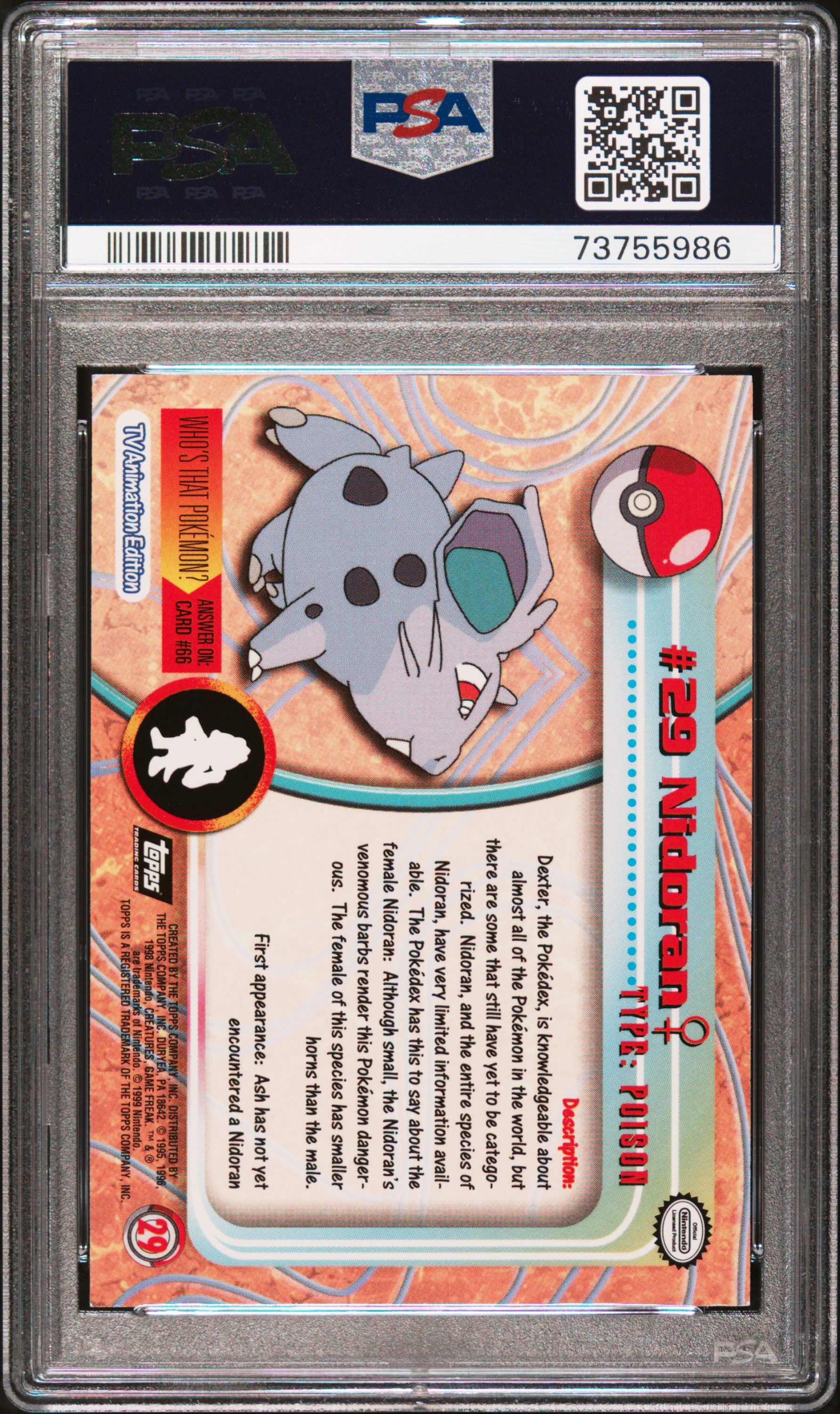 1999 Topps Pokemon Tv #29 Nidoran PSA 8