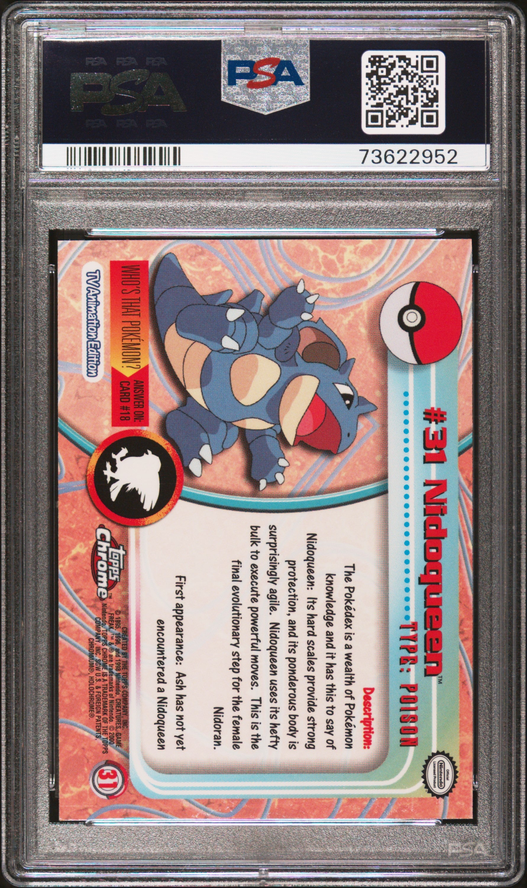 2000 Topps Chrome Pokemon T.V. #31 Nidoqueen Pokemon T.V. PSA 9