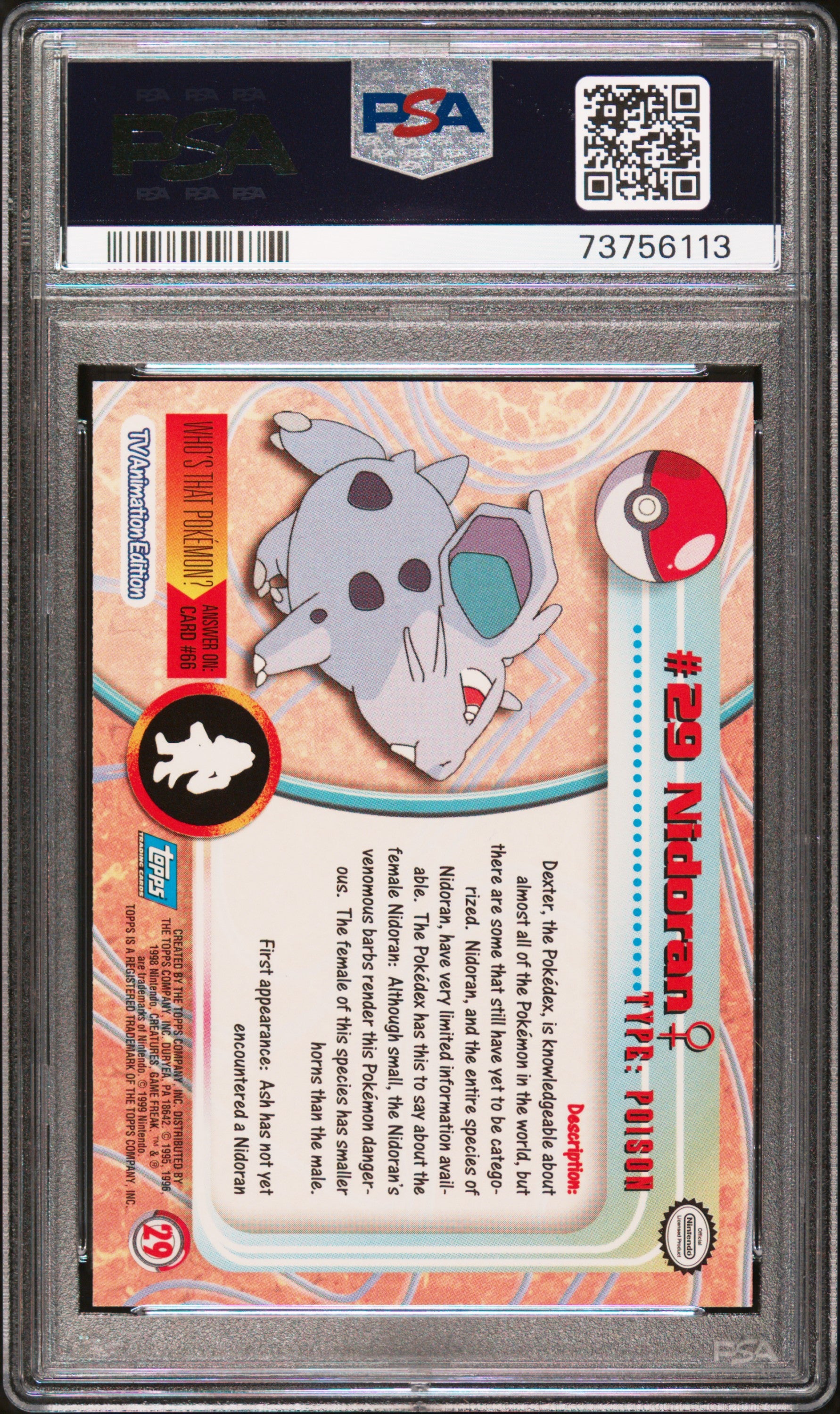 1999 Topps Pokemon Tv #29 Nidoran PSA 8