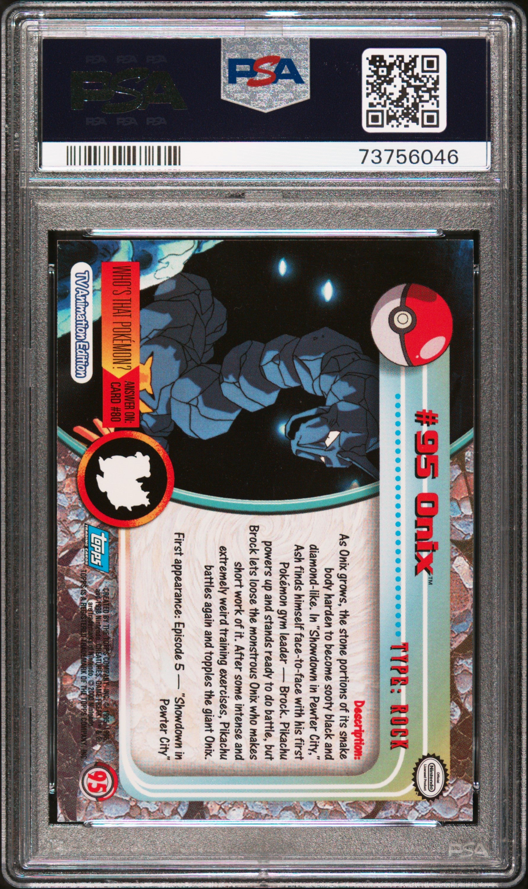 2000 Topps Pokemon Tv Animation Series 2 #95 Onix Animation Series 2 PSA 9