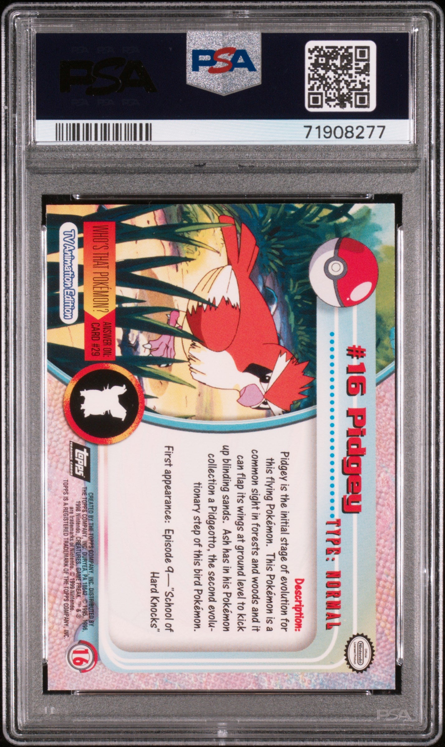 1999 Topps Pokemon Tv #16 Pidgey Foil PSA 7