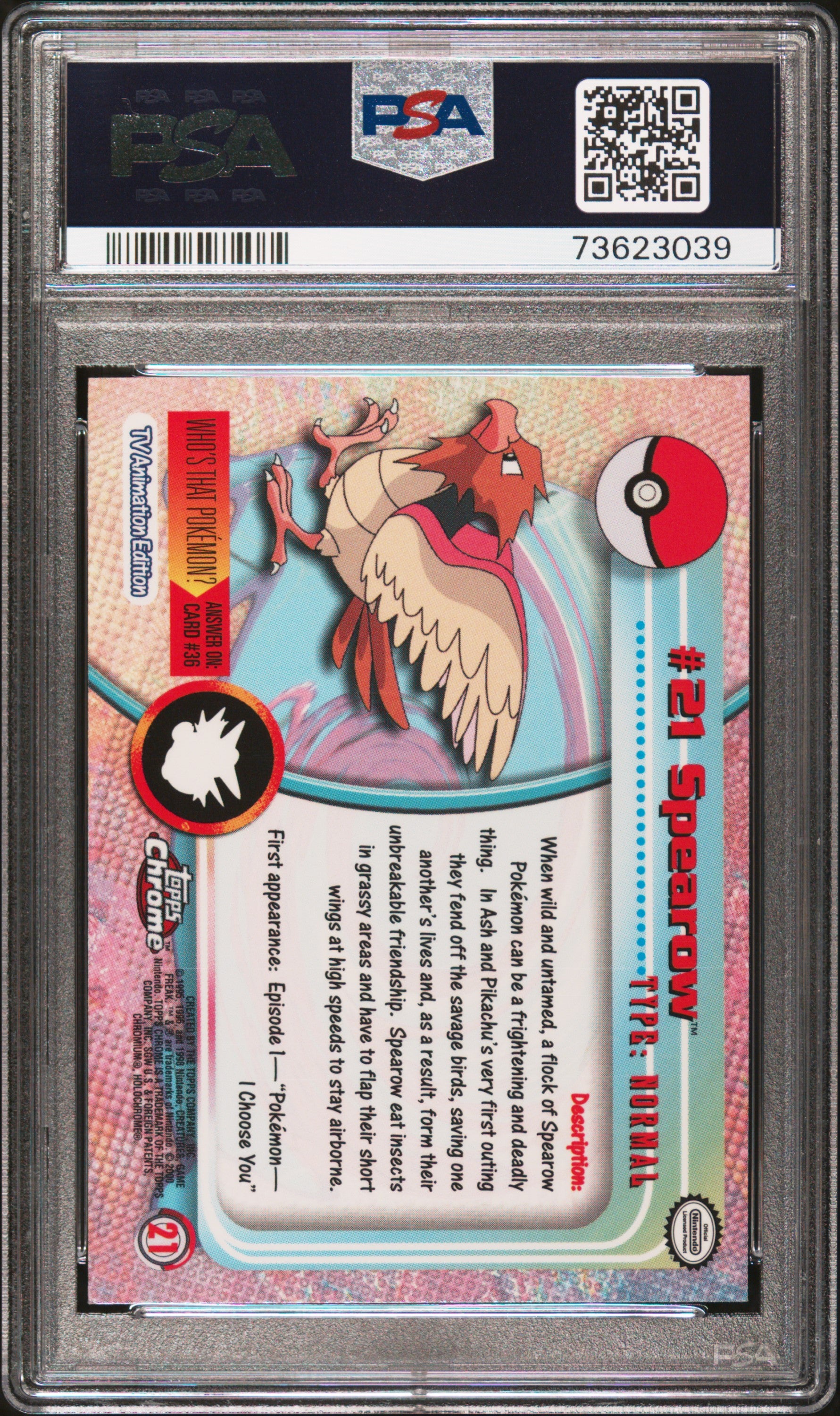 2000 Topps Chrome Pokemon T.V. #21 Spearow Pokemon T.V. PSA 9