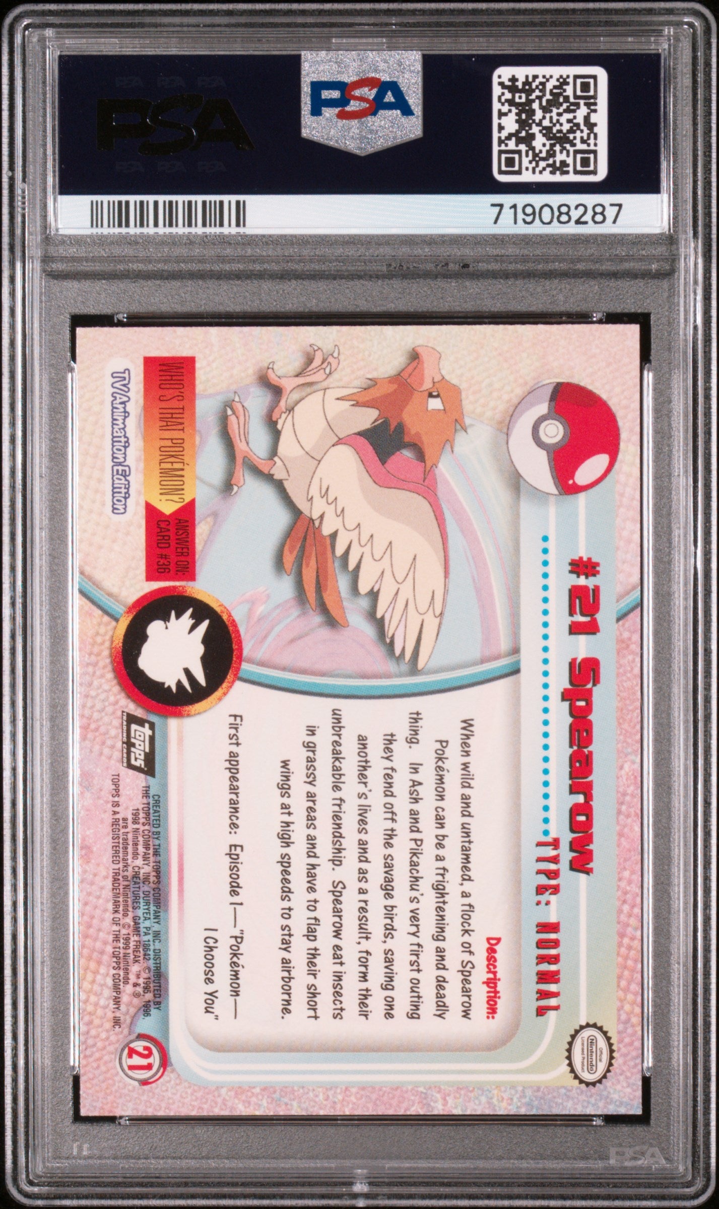 1999 Topps Pokemon Tv #21 Spearow Foil PSA 9