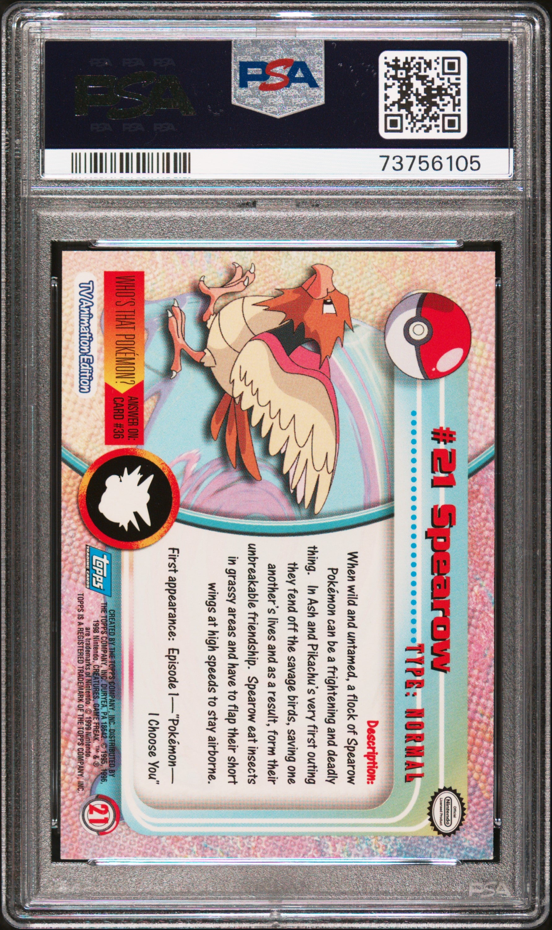1999 Topps Pokemon Tv #21 Spearow PSA 8