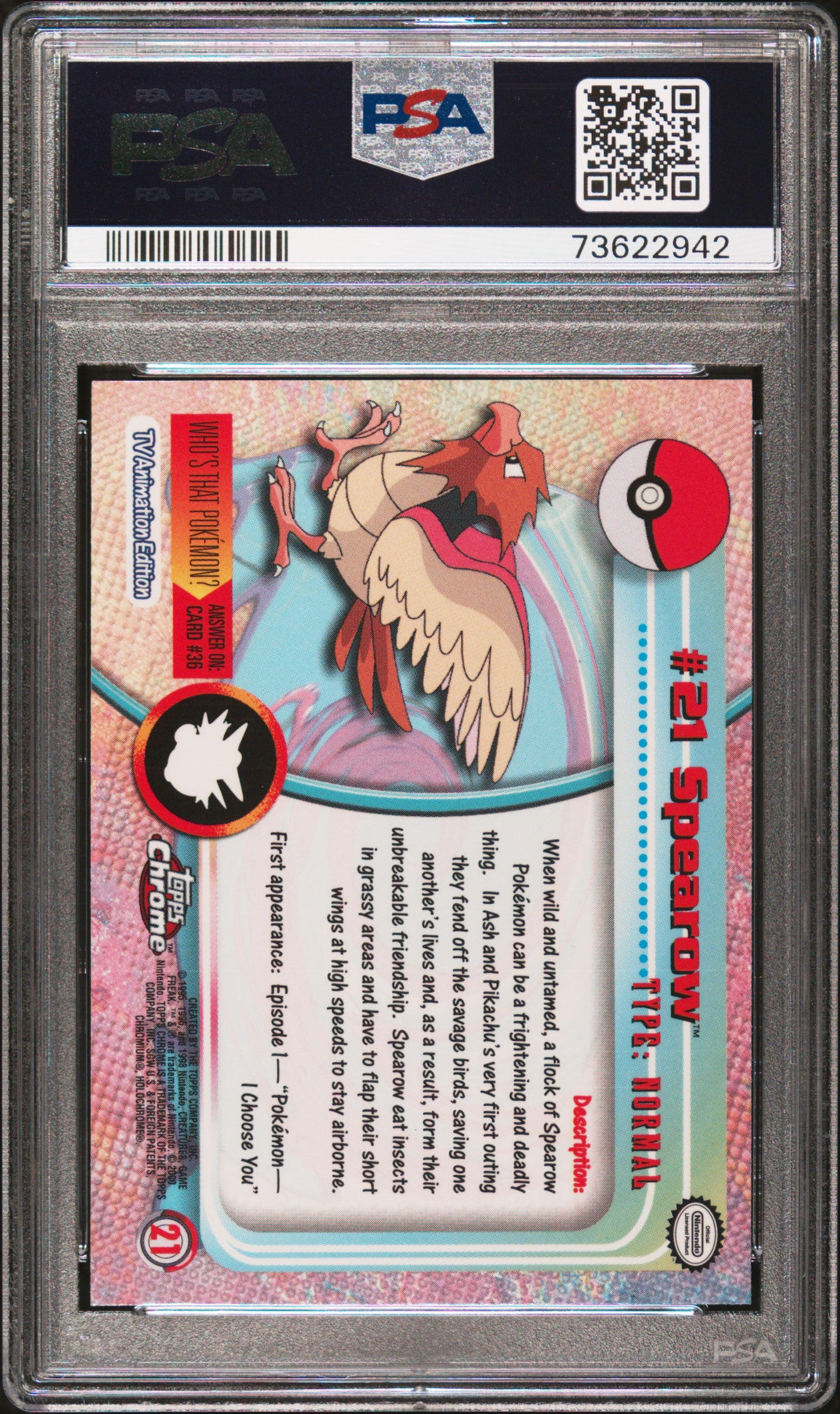 2000 Topps Chrome Pokemon T.V. #21 Spearow Pokemon T.V. PSA 9
