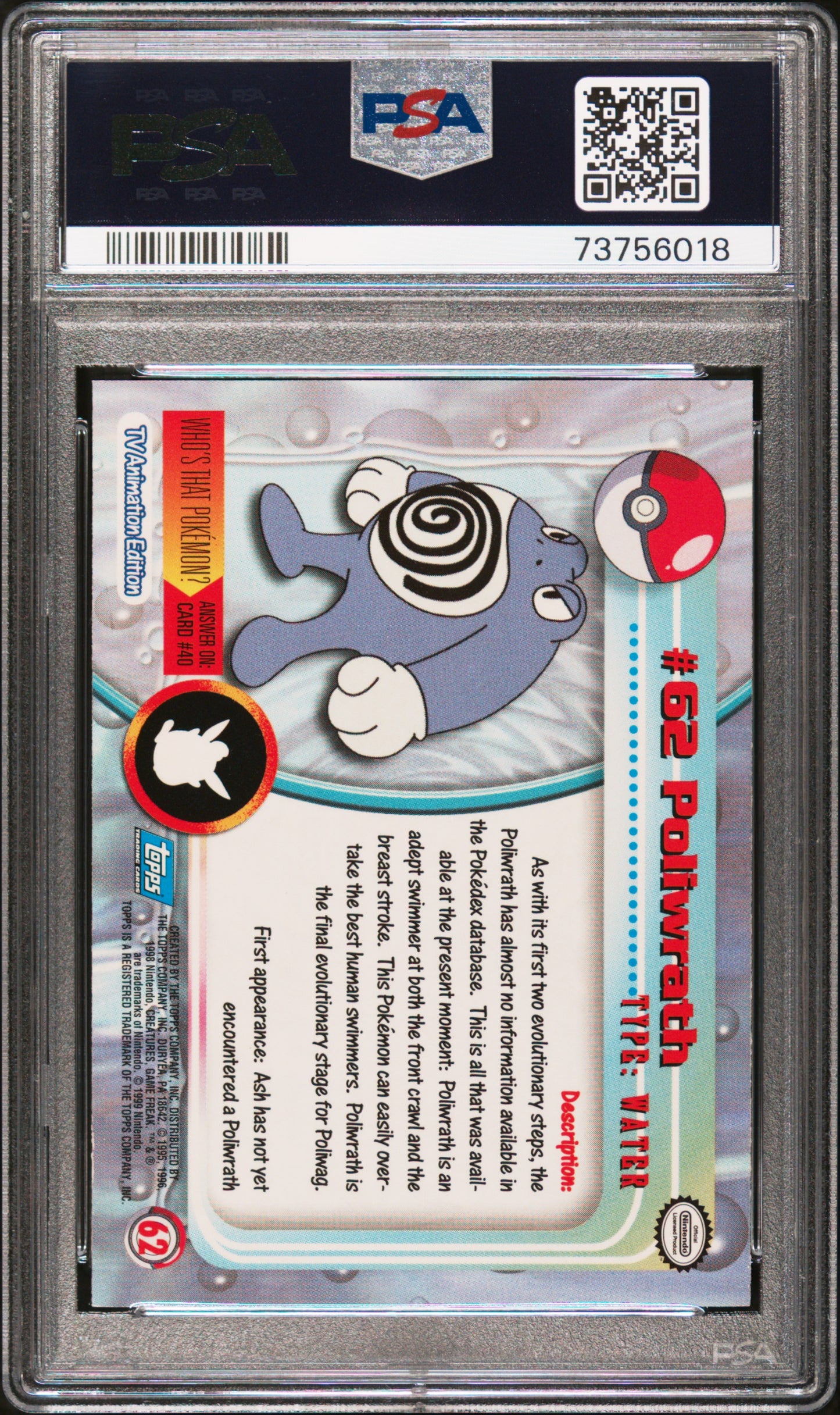 1999 Topps Pokemon Tv #62 Poliwrath PSA 9