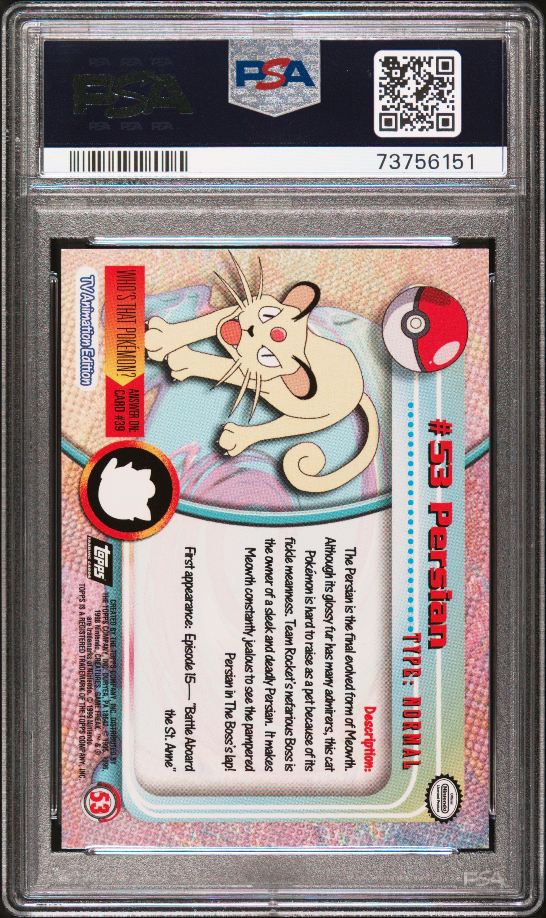 1999 Topps Pokemon Tv #53 Persian PSA 9