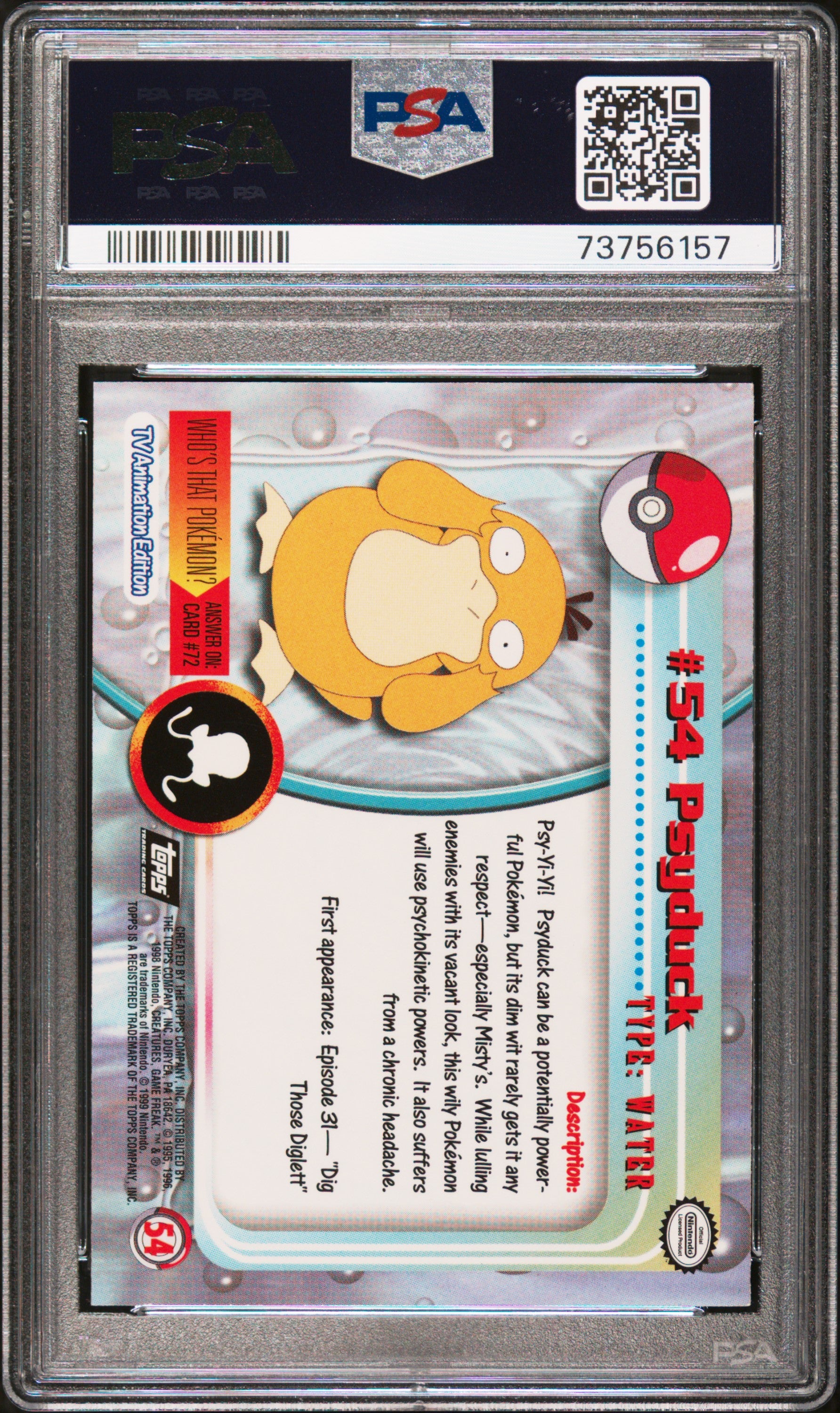 1999 Topps Pokemon Tv #54 Psyduck PSA 9