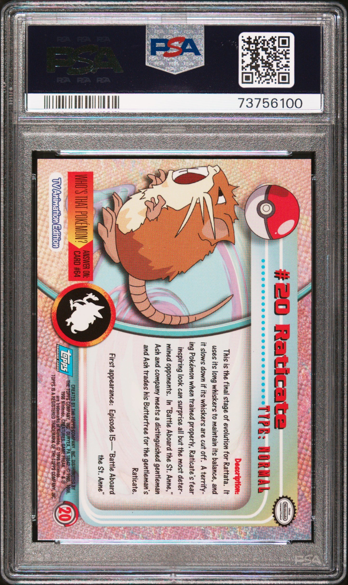 1999 Topps Pokemon Tv #20 Raticate PSA 9