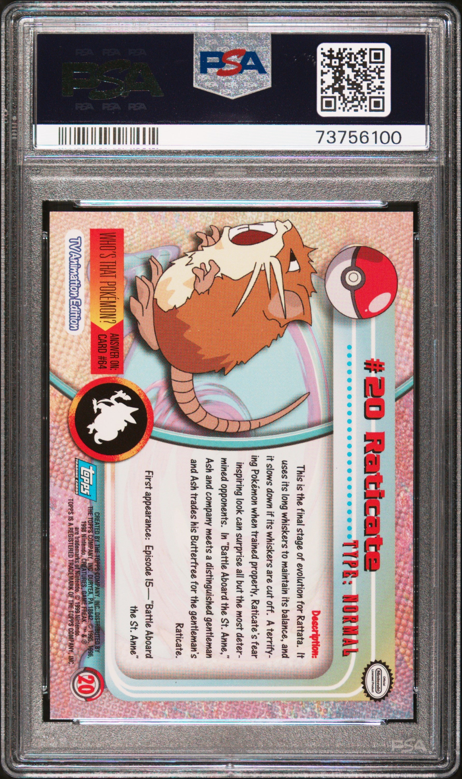 1999 Topps Pokemon Tv #20 Raticate PSA 9
