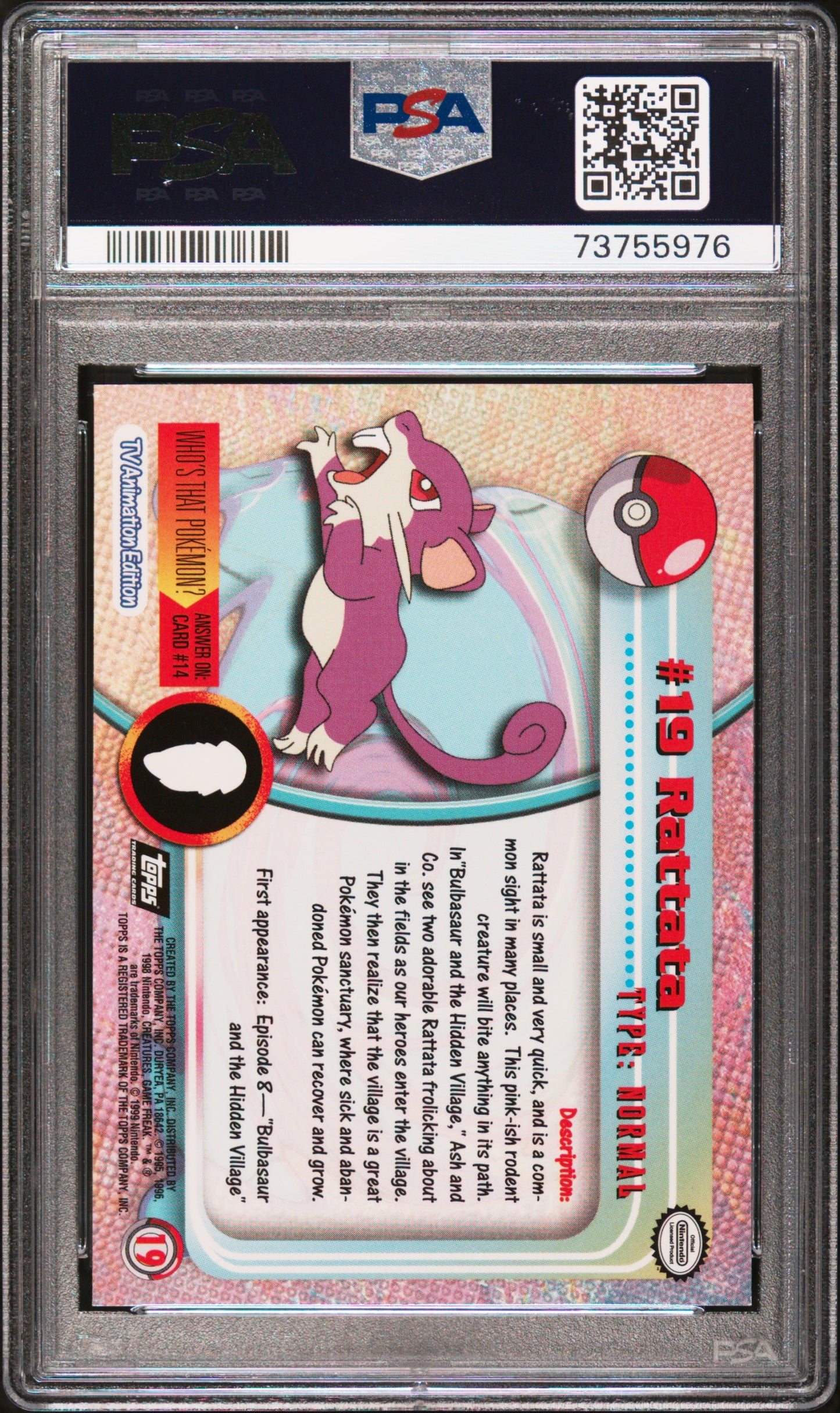 1999 Topps Pokemon Tv #19 Rattata PSA 8