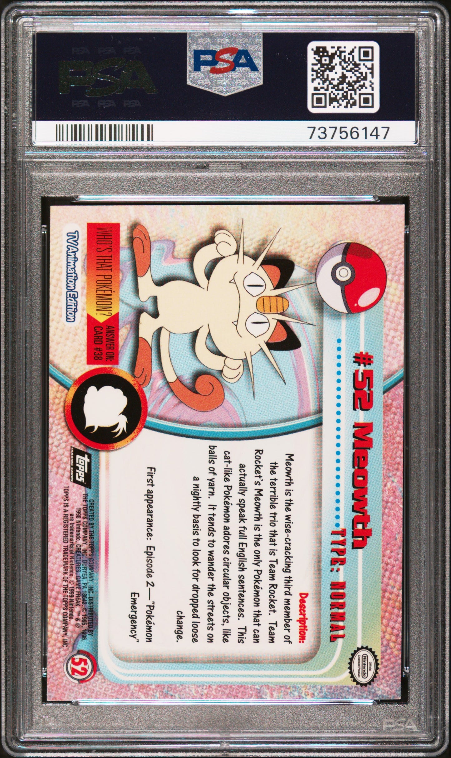 1999 Topps Pokemon Tv #52 Meowth PSA 9